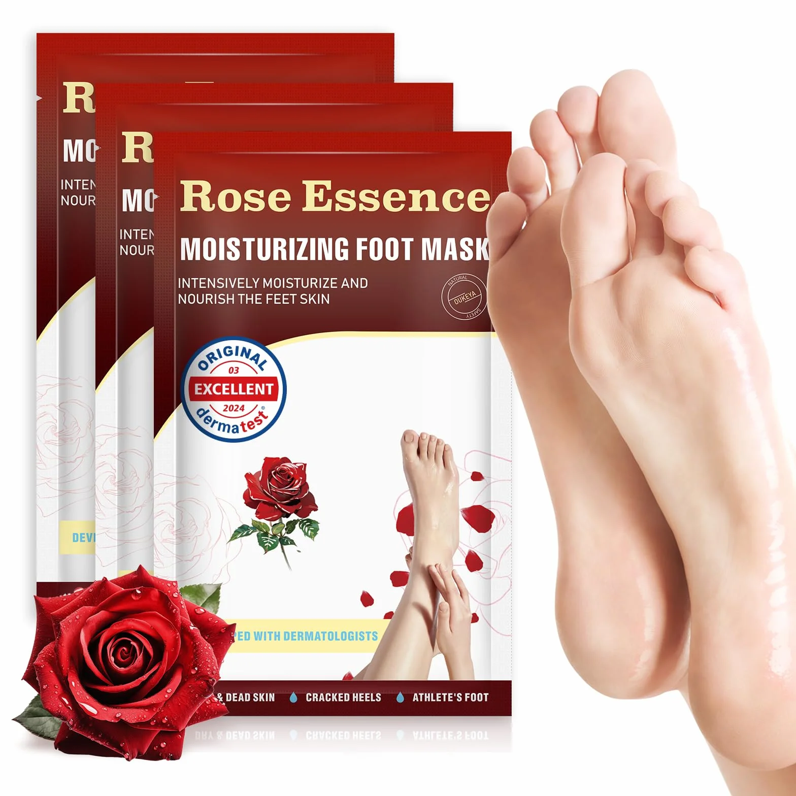 Maschera per Piedi 3 Paia, Trattamento Nutriente per Piedi, Ripara Talloni e Ammorbidisce Pelle Morta Secca, Foot Mask, Senza Peeling(Rose)