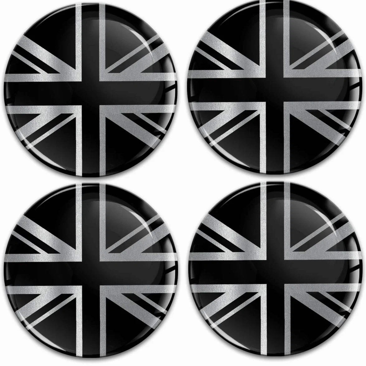 Biomar Labs Adesivi 3D silicone UK GB Union Jack Bandiera Argento Nero per Coprimozzo Copricerchi Ruote 49 mm