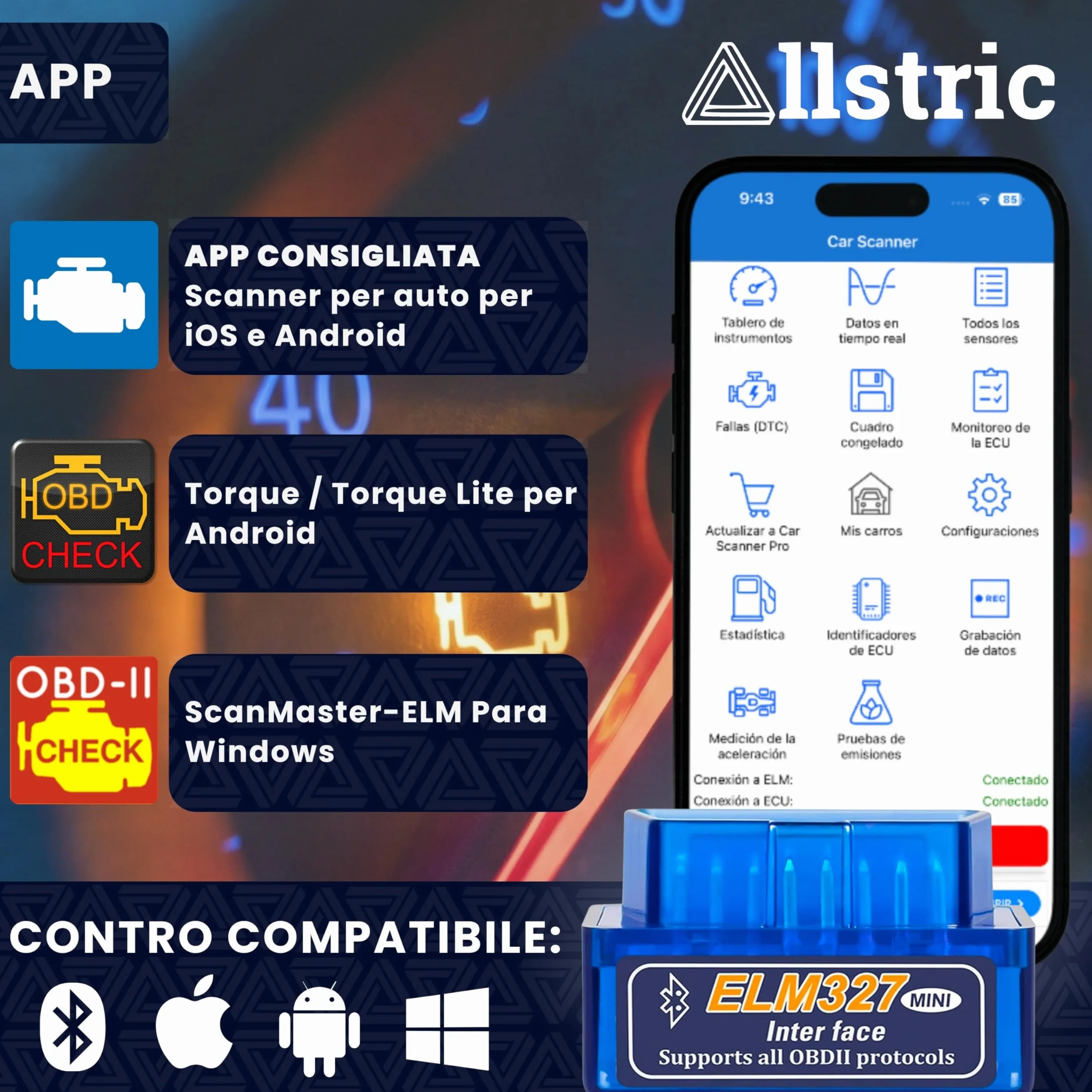 ELM327 OBD2 Bluetooth Diagnostica Auto Scanner per Veicoli dal 1996