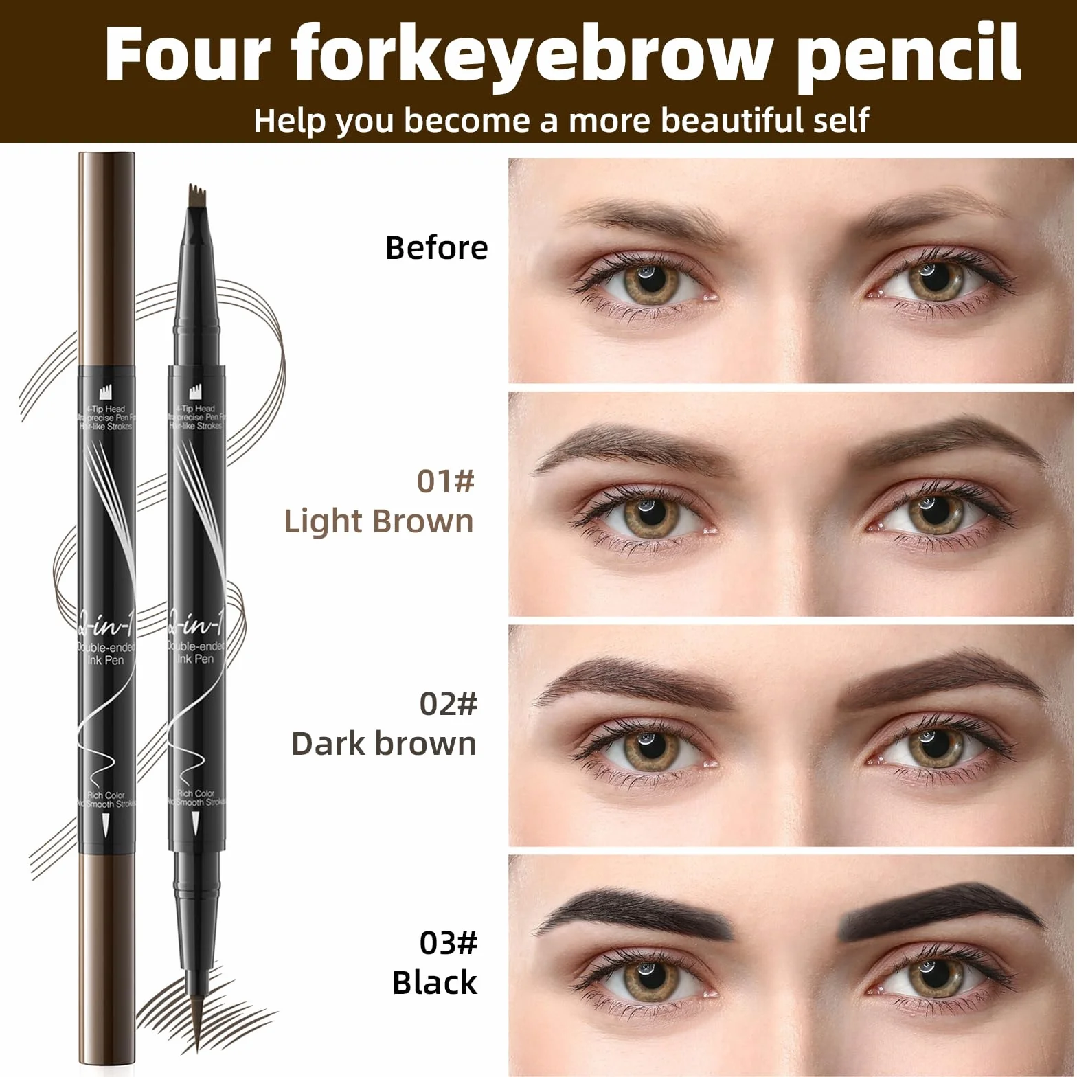 Matita per sopracciglia impermeabile, matita per sopracciglia microblading 2 in 1 a doppia estremità, lunga durata, anti-sbavature Penna per sopracciglia liquida ad asciugatura rapida (Marrone scuro)