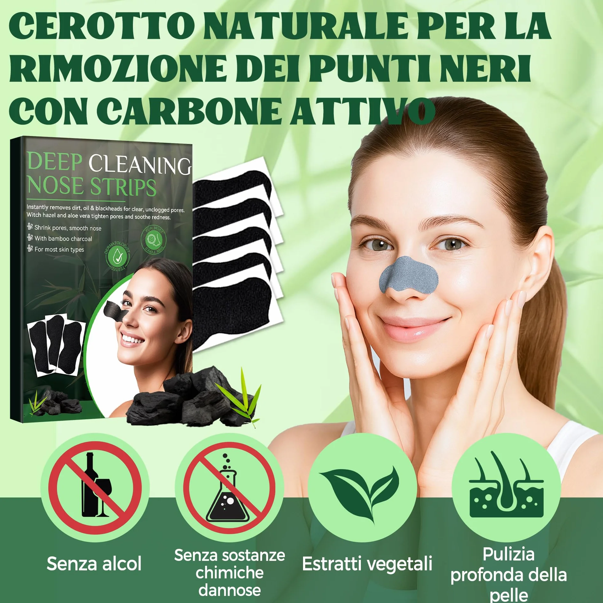Cerotti Punti Neri, 80 Strisce Punti Neri Naso Carbone di Bambù per Una Pulizia Profonda, Punti neri Rimozione e Sblocca i Pori, Adatte a Tutti i Tipi di Pelle, Per Uomini e Donne