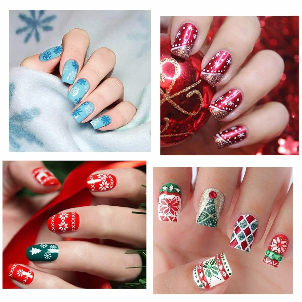 EBANKU 10 Pezzi Set di Nail Art Stamping Stampini, Nail Art Template Stencil Kit Fiocco di Neve Piatti per Timbri per Unghie per Donna Ragazze Decorazione Unghie Natalizie (A)