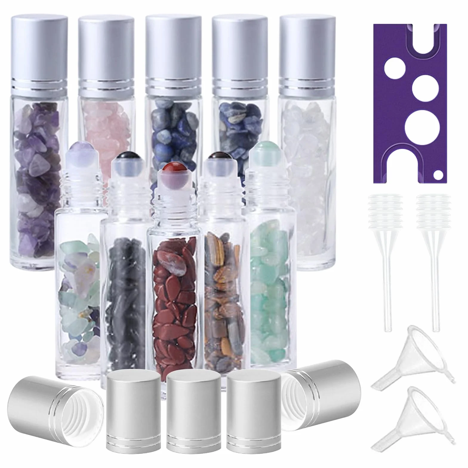 BYZESTY Roll On Bottiglie di vetro per olio essenziale, 10 pezzi Roll On Flacone da 10 ml, Rollon per oli con gemme naturali, contenitore ricaricabile per oli essenziali profumi