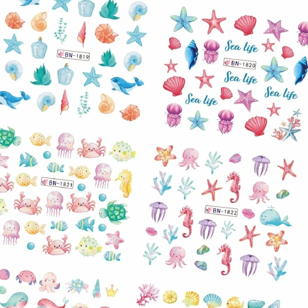 12pcs Ocean Animal Summer Nail Water Decalcomanie Starfish Coral Reef Seaweed Sticker Sea Life Nails Art Transfer Slider