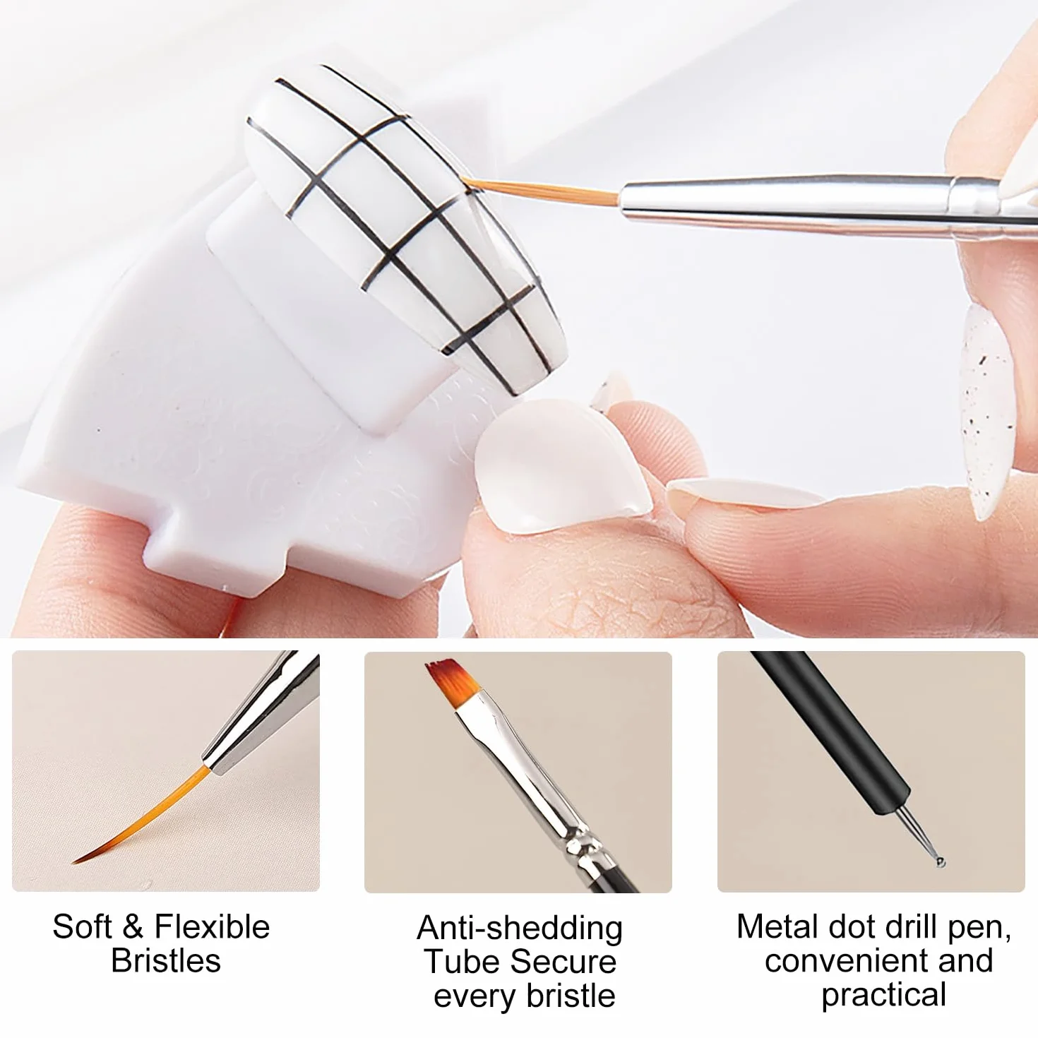 Pennelli Unghie Gel Doppia Punta Nail Art 6 Pezzi con Punteggiatura per DIY Decorazioni Nero