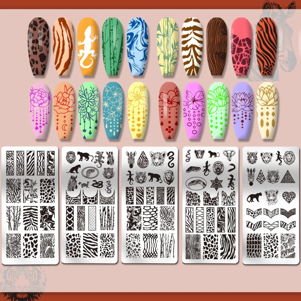 PH PandaHall 5 pz Piastre per Timbri per Unghie con Stampa Animale, Modelli per Nail Art con Stampa Leopardata Mista, Stencil per Nail Art con Tigre e Leone per Nail Art Fai Da Te, Stampa Manicure