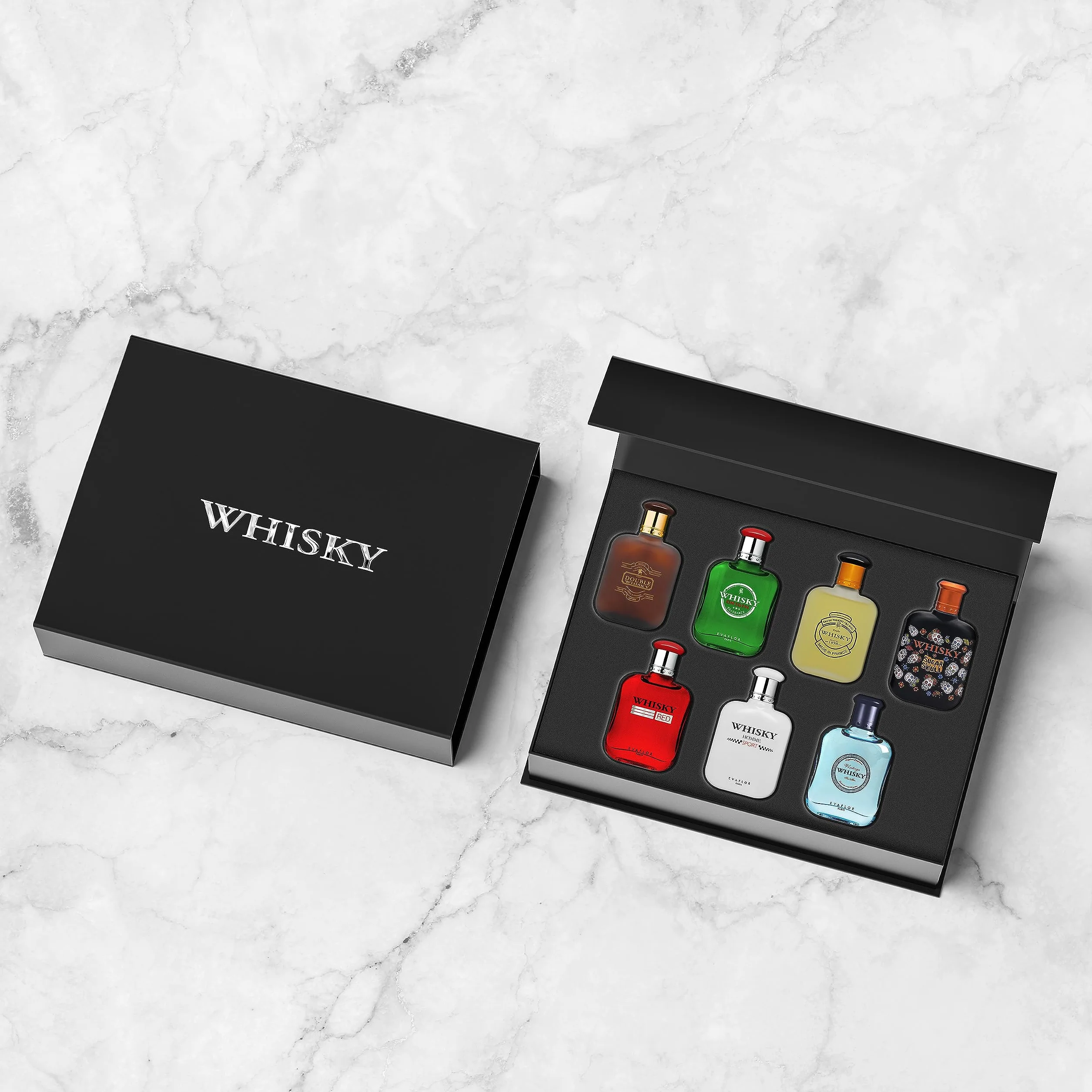 WHISKY Perfume Collection • Set di 7 miniatures • Eau de Toilette • Profumo da uomo • Per lei • Colonia • 10ml • EVAFLOR PARIS (scelto a caso tra 10 opzioni)