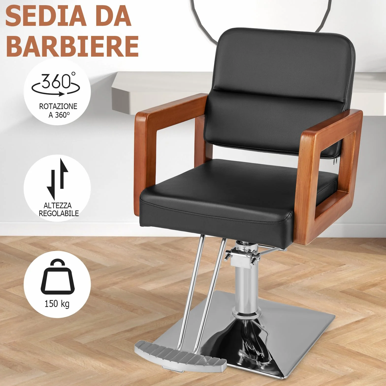 COSTWAY Poltrona da Barbiere, Sedia da Barbiere Girevole a 360°, Regolabile in Altezza 50-65 cm, con Braccioli in Legno Massello, Portata 250 kg
