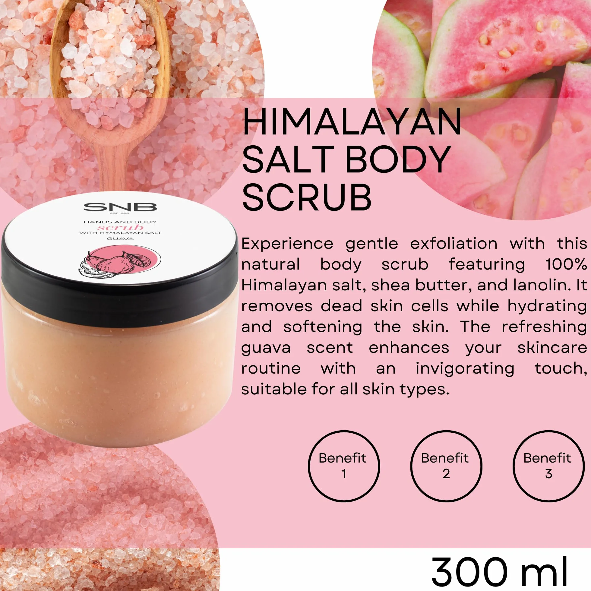 SNB - Scrub per il corpo professionale con sale dell'Himalaya e guava, 300 ml, cura naturale per la pelle liscia, con burro di karitè, scrub di sale idratante per uomo e donna
