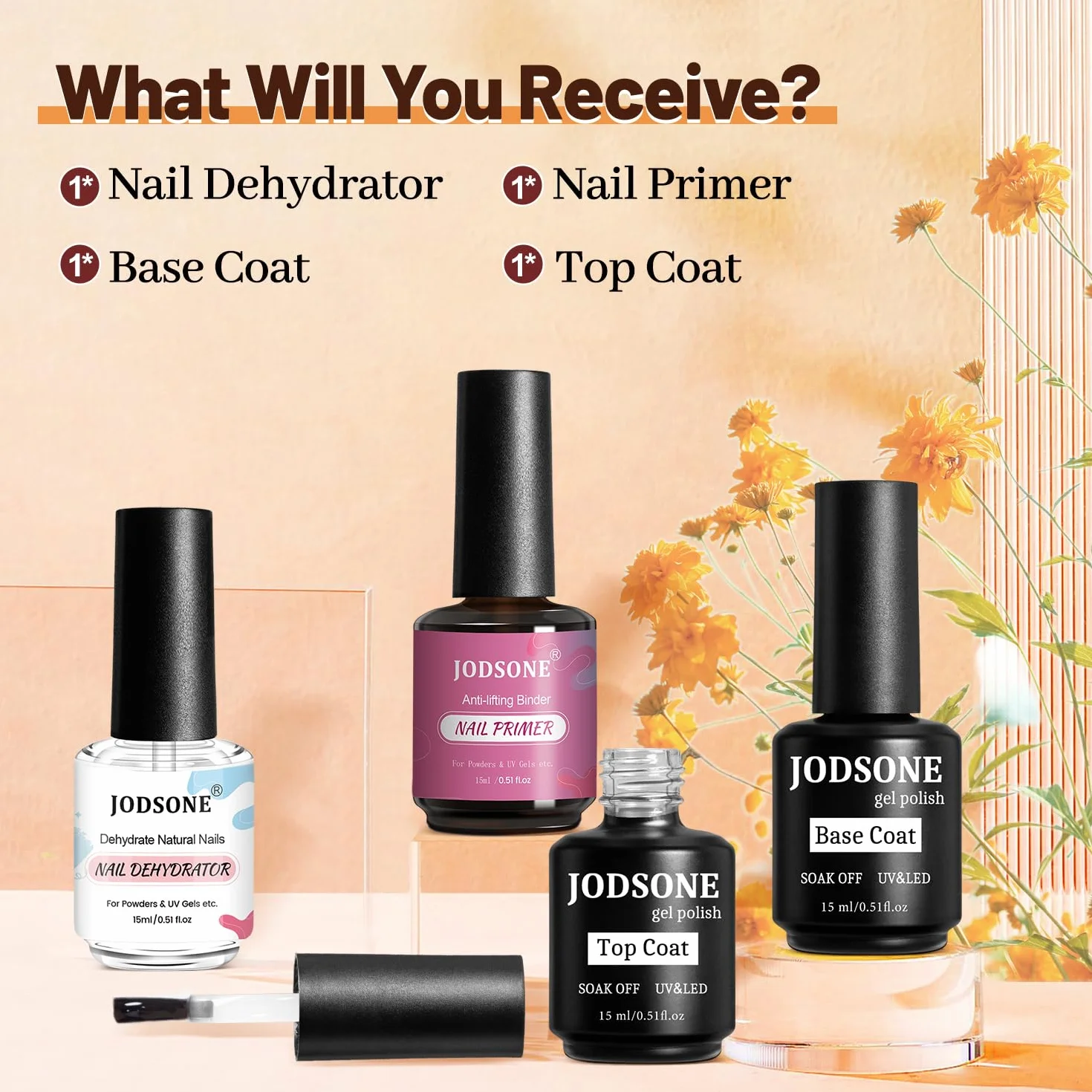 JODSONE Base e Top Coat Semipermanente 15ML x 4, Disidratatore Primer per Unghie, Asciugatura Rapida Durevole