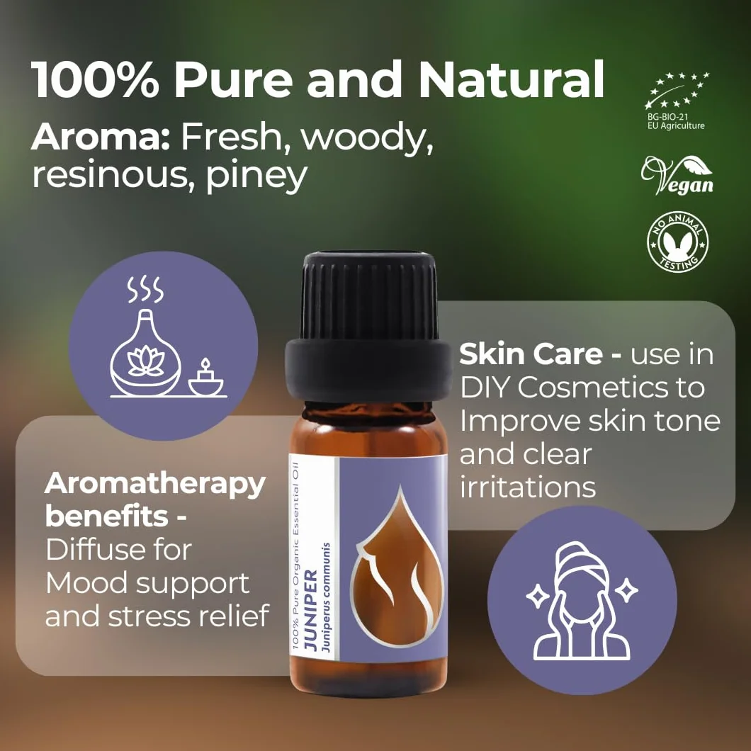 Olio Essenziale di Ginepro Biologico 10ml | Juniperus communis | 100% Puro | Grado Terapeutico | Distillato a Vapore