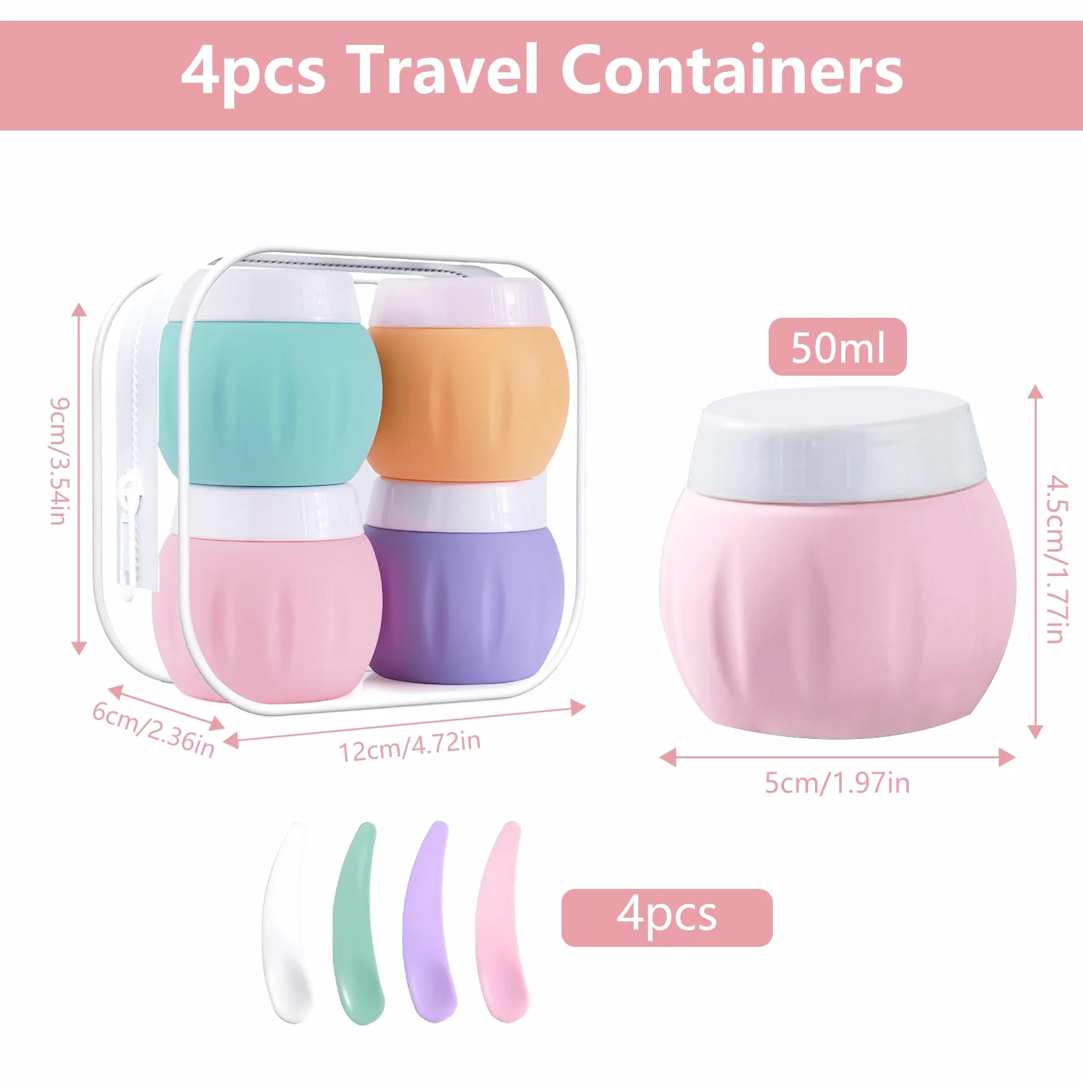 Janety 4 Pezzi Contenitori da viaggio per articoli da toeletta, 50 ml Porta Creme da Viaggio, Barattoli in Silicone per Crema con Sacchetto Trasparente, Etichette e Piccole Spatole
