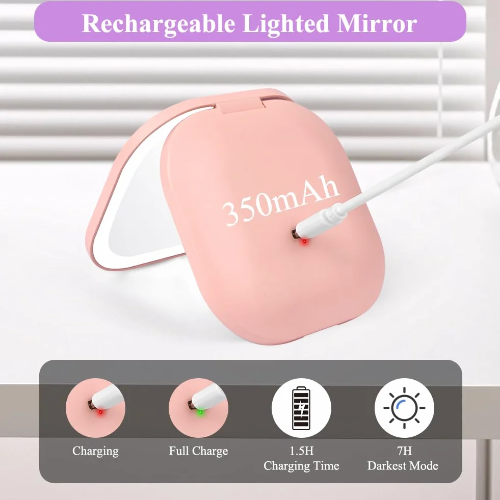 HOTUT Specchio da Trucco con Luce LED, 1X/3X Ingranditore da Viaggio, 3 Colori di Luce, Luminosità Regolabile, USB Ricaricabile, Rosa