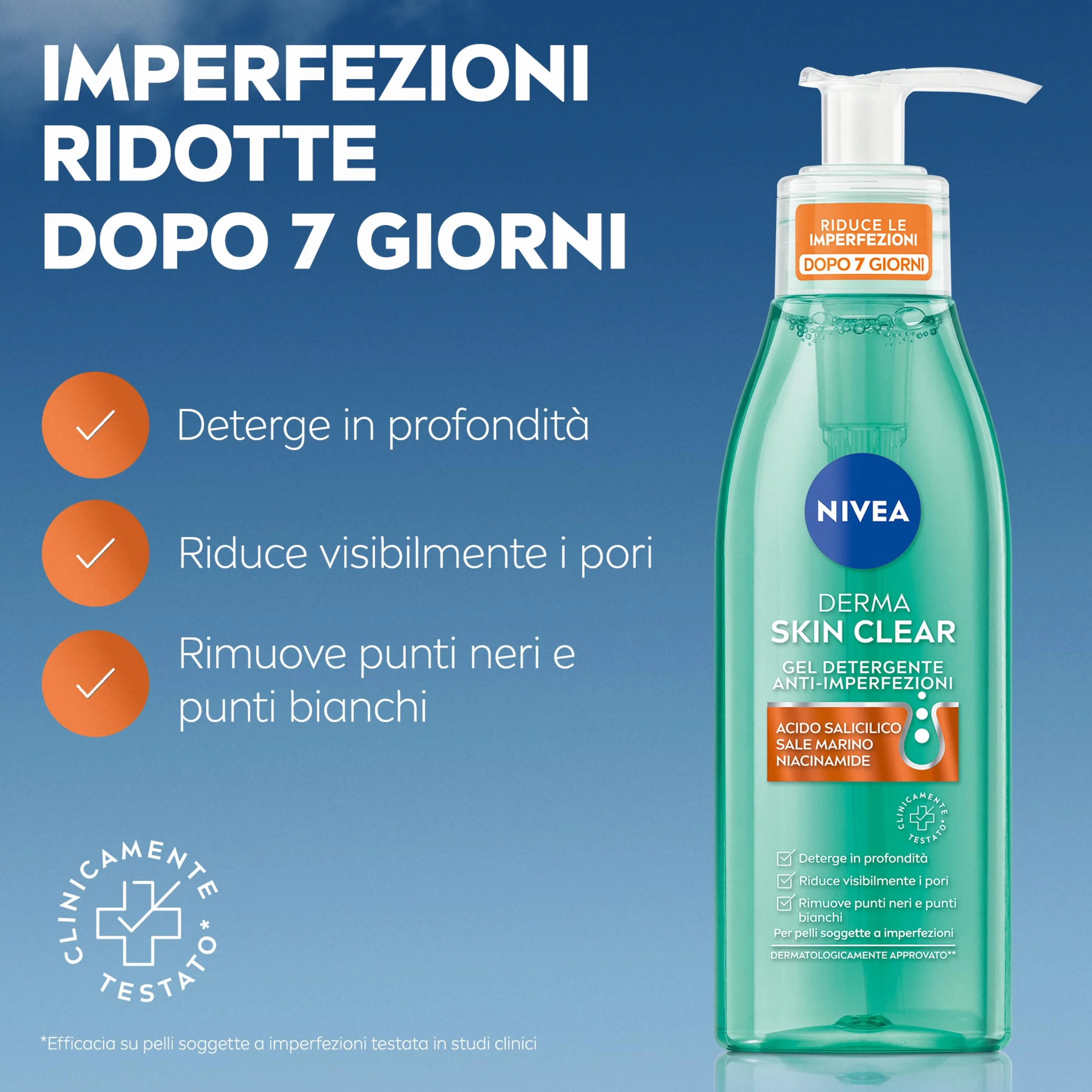 NIVEA Derma Skin Clear Gel Detergente Viso Anti-Imperfezioni 150 ml, Detergente viso pelle grassa e mista con Acido Salicilico, Sale Marino e Niacinamide, Detergente schiumogeno viso purificante
