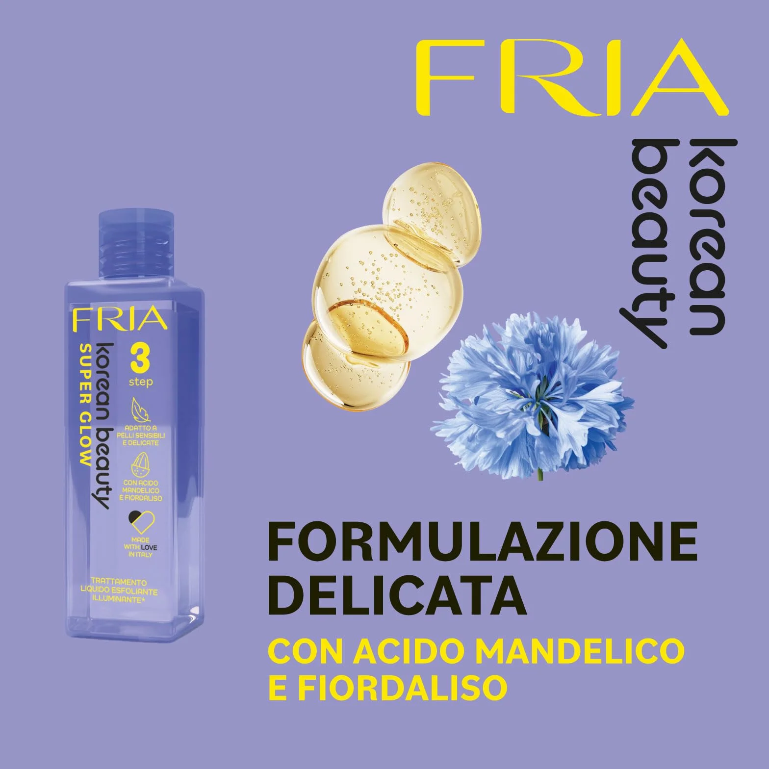 Fria Korean Beauty Trattamento Liquido Esfoliante Illuminante Super Glow, Adatto a Pelli Sensibili e Delicate, Con Acido Mandelico e Fiordaliso, Confezione da 150ml