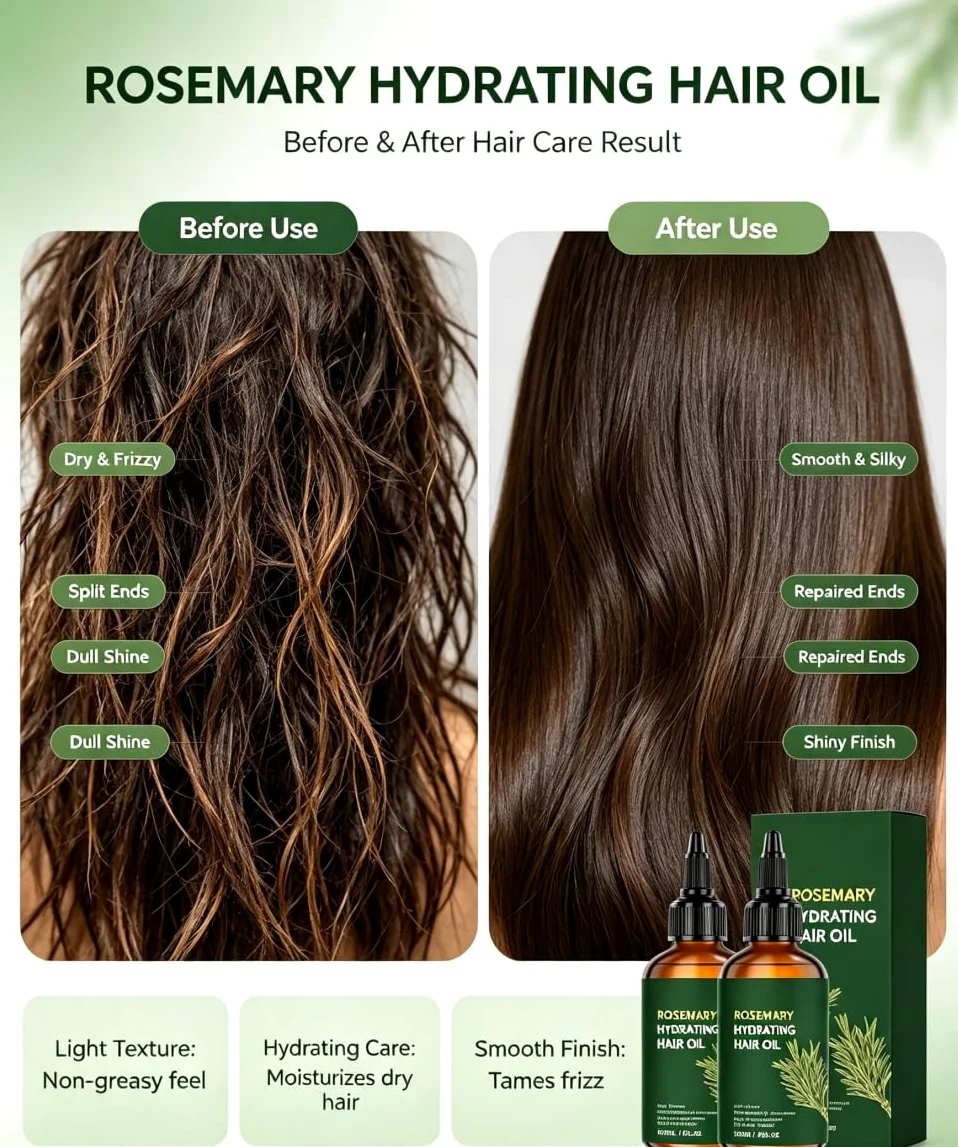 Olio per capelli multiuso al rosmarino, formula leggera non grassa, nutrimento notturno, formula sicura per tutti i tipi di capelli, cura di sé semplificata (6pcs)