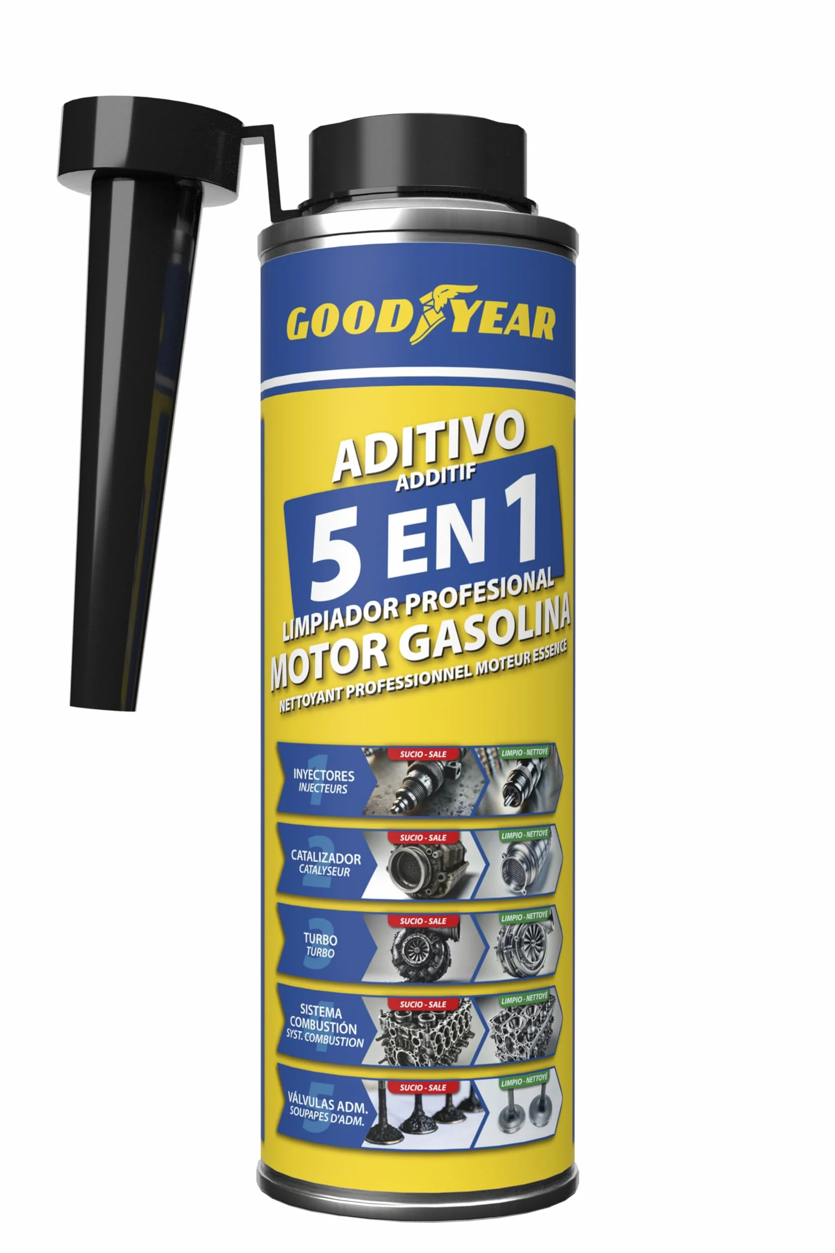 Goodyear Additivo detergente per Motori a Benzina 5 in 1 Professionale 300 ml | Detergente per iniettori, Turbo, catalizzatore, Sistema di combustione e aspirazione | Migliora Le Prestazioni