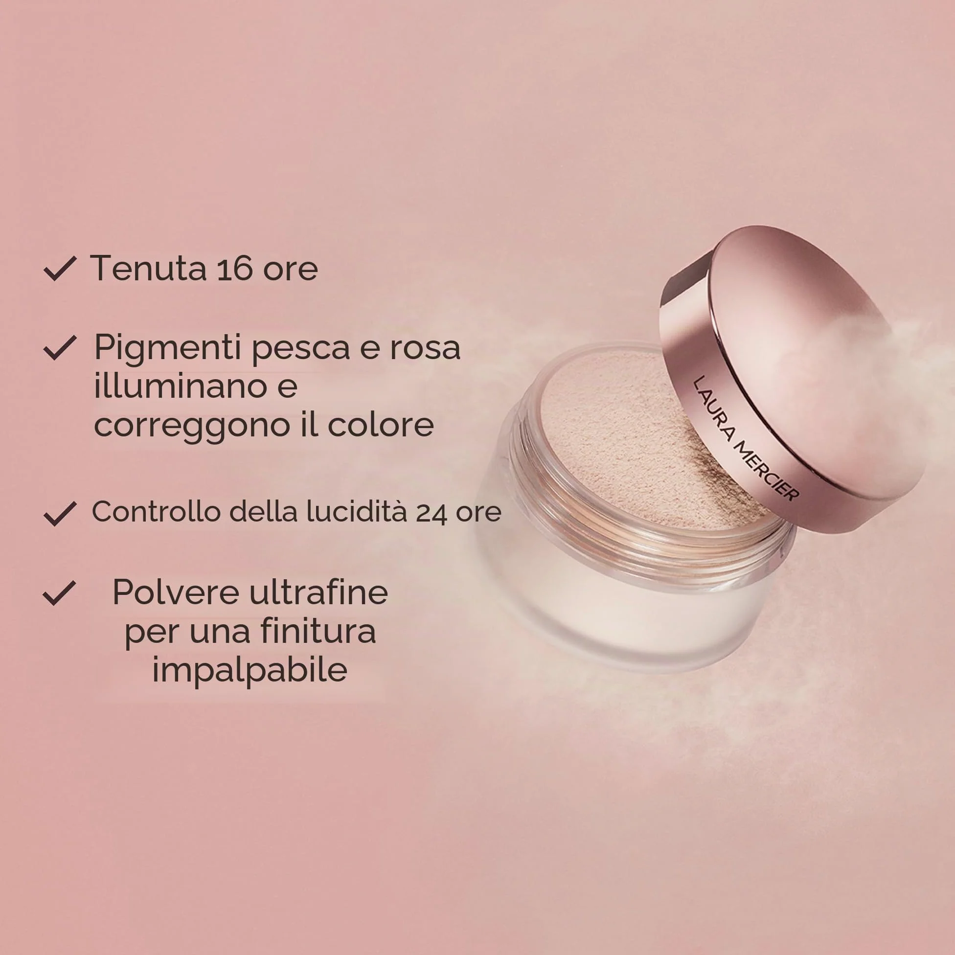 Laura Mercier Polvere fissante traslucida, controllo della lucentezza 24 ore, finitura opaca morbida, lunga durata, ideale per pelli normali e grasse, 4 tonalità per praticamente tutte le tonalità