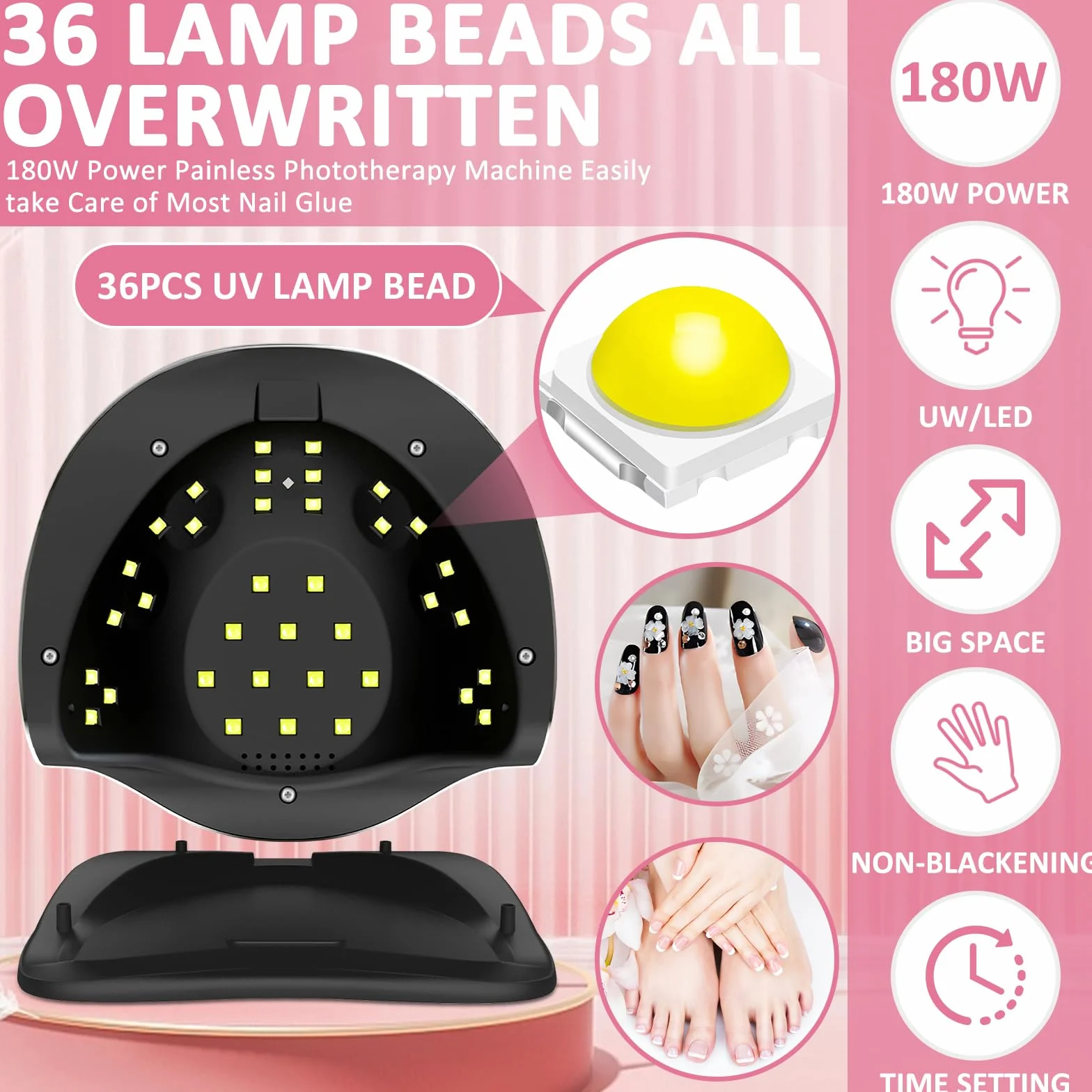 Lampada Unghie UV LED, 180W Fornetto Unghie Può Curare Rapidamente, con 4 Timer 10s/30s/60s/99s,Sensore Di Avvio Automatico, LCD Display Lampada per unghie per Gel Nail Polish Light, Bianco