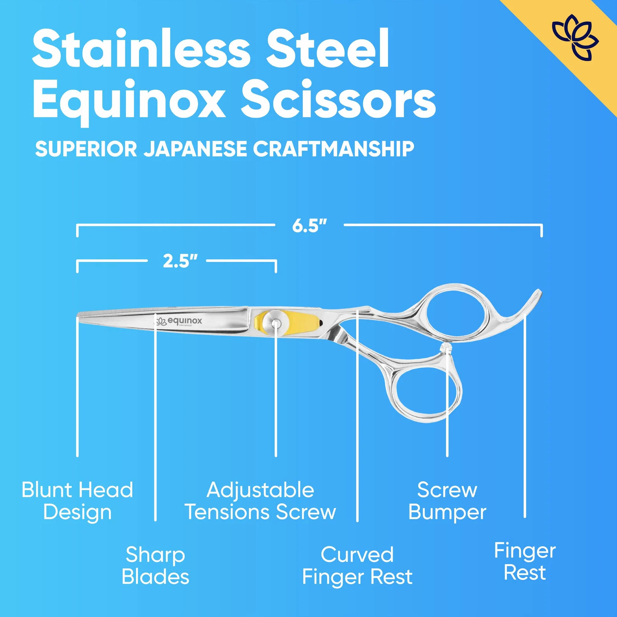 Equinox International Forbici da barbiere professionali – lunghezza complessiva di 16,5 cm con vite a tensione di regolazione di precisione – in acciaio inox giapponese