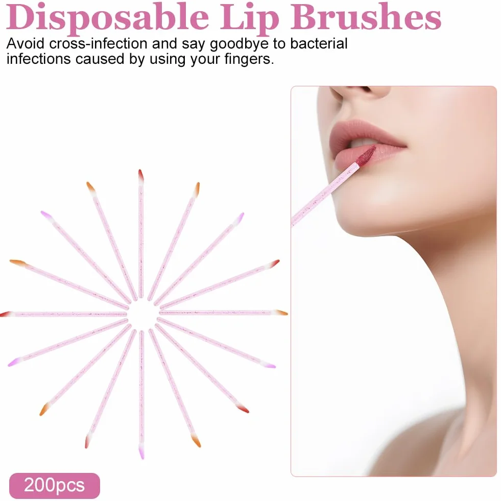 200 Pezzi Monouso Pennelli Labbra, Applicatore per Rossetto in Cristallo, Lip Gloss Applicatore Bacchette Pennello, Pennello per Dettagli Sulle Labbra(Rosa-Versione Crystal)