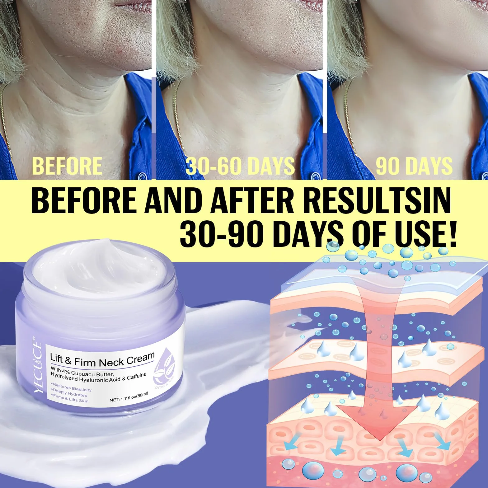 Crema Rassodante per il Collo, Crema per il Collo Con Complesso Rassodante Riparatore Proattivo, Crema per il Doppio Mento, Crema Collo e Décolleté Lifting, Idratante, Anti-invecchiamento, 50ml