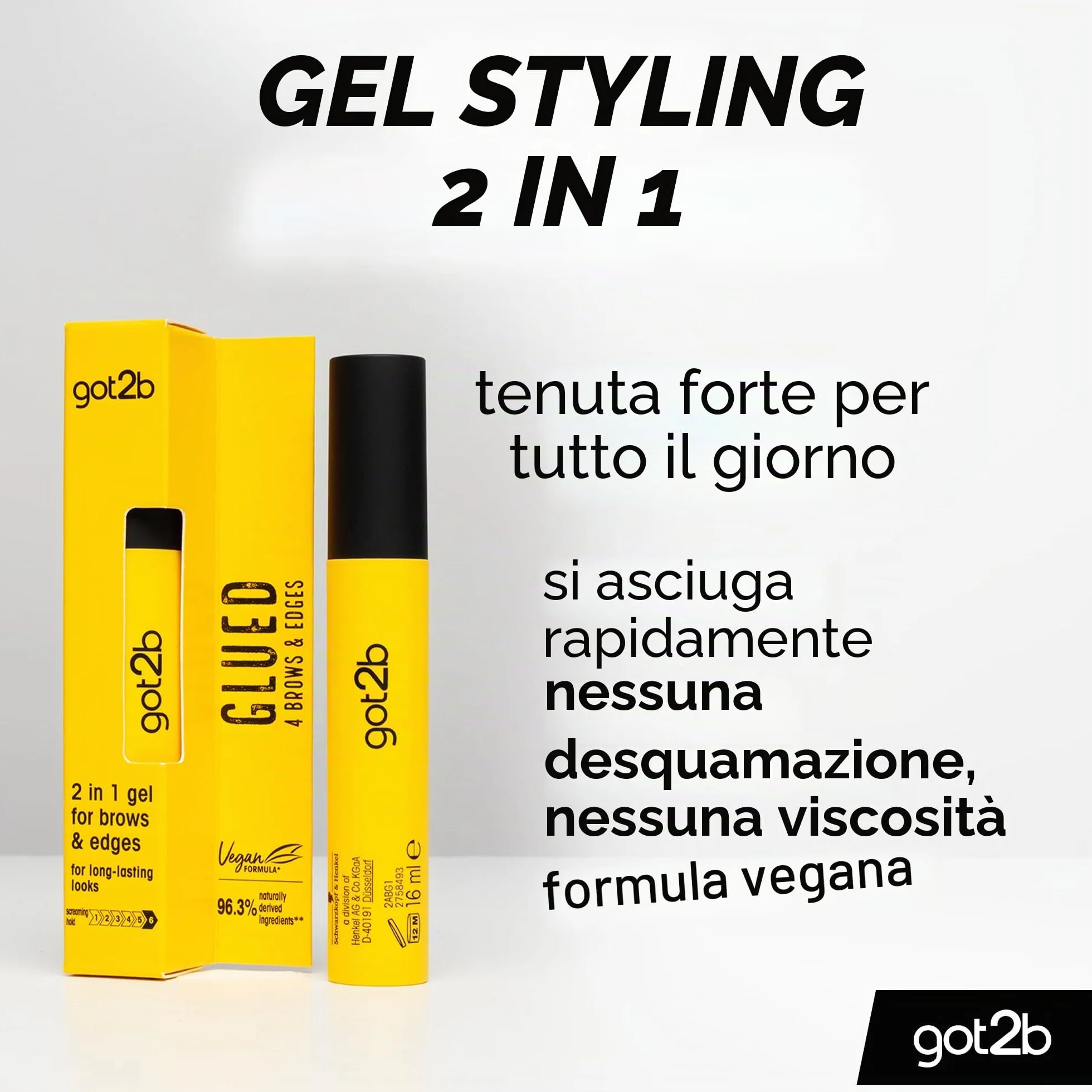 got2b Gel per sopracciglia 2 in 1 incollato per sopracciglia e bordi, tenuta 72 ore, senza residui bianchi o appiccicosità, vegano, senza silicone, senza alcool, 16 ml