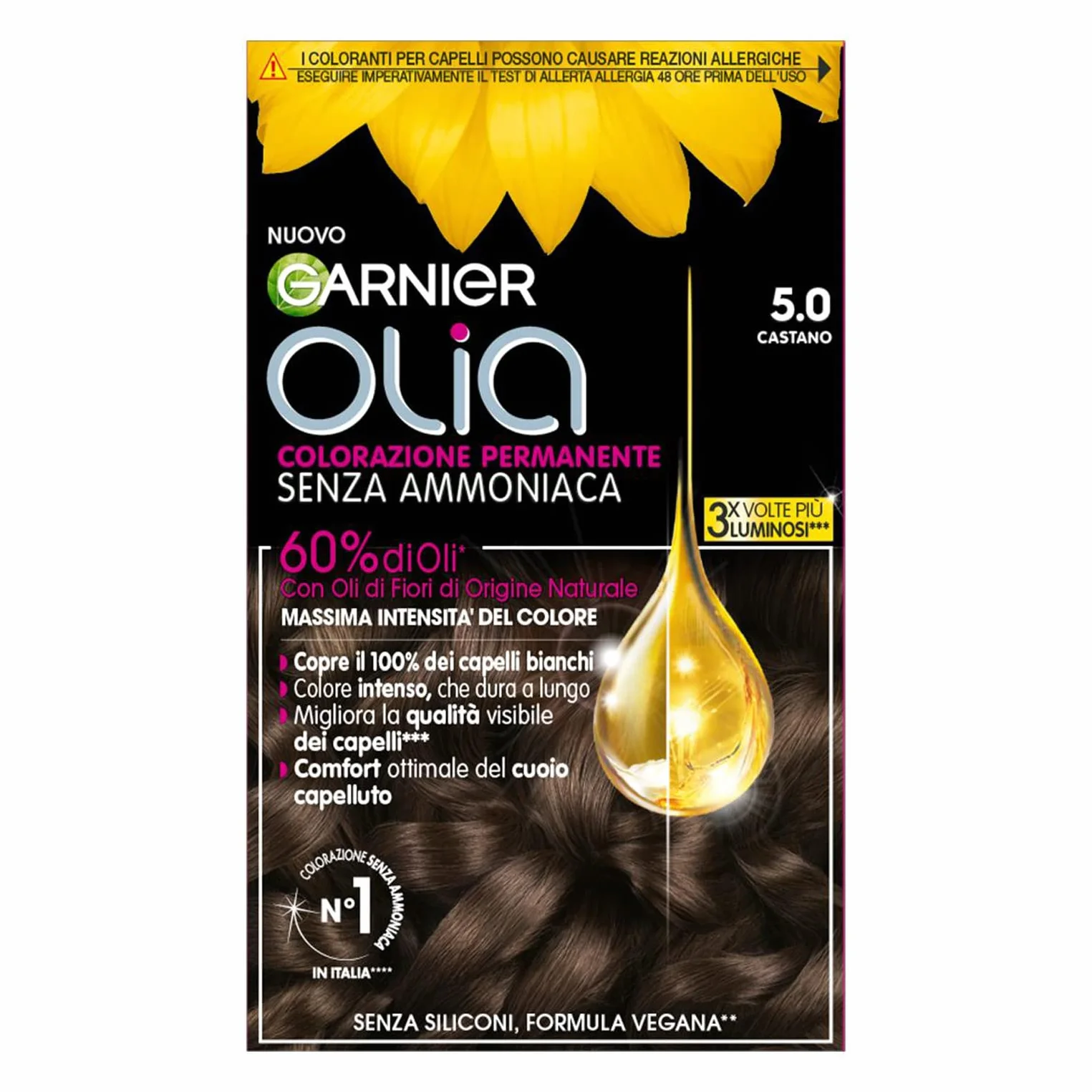 Garnier Olia Tinta Capelli Castano, Senza Ammoniaca, Copre 100% Capelli Bianchi, Formula Vegana