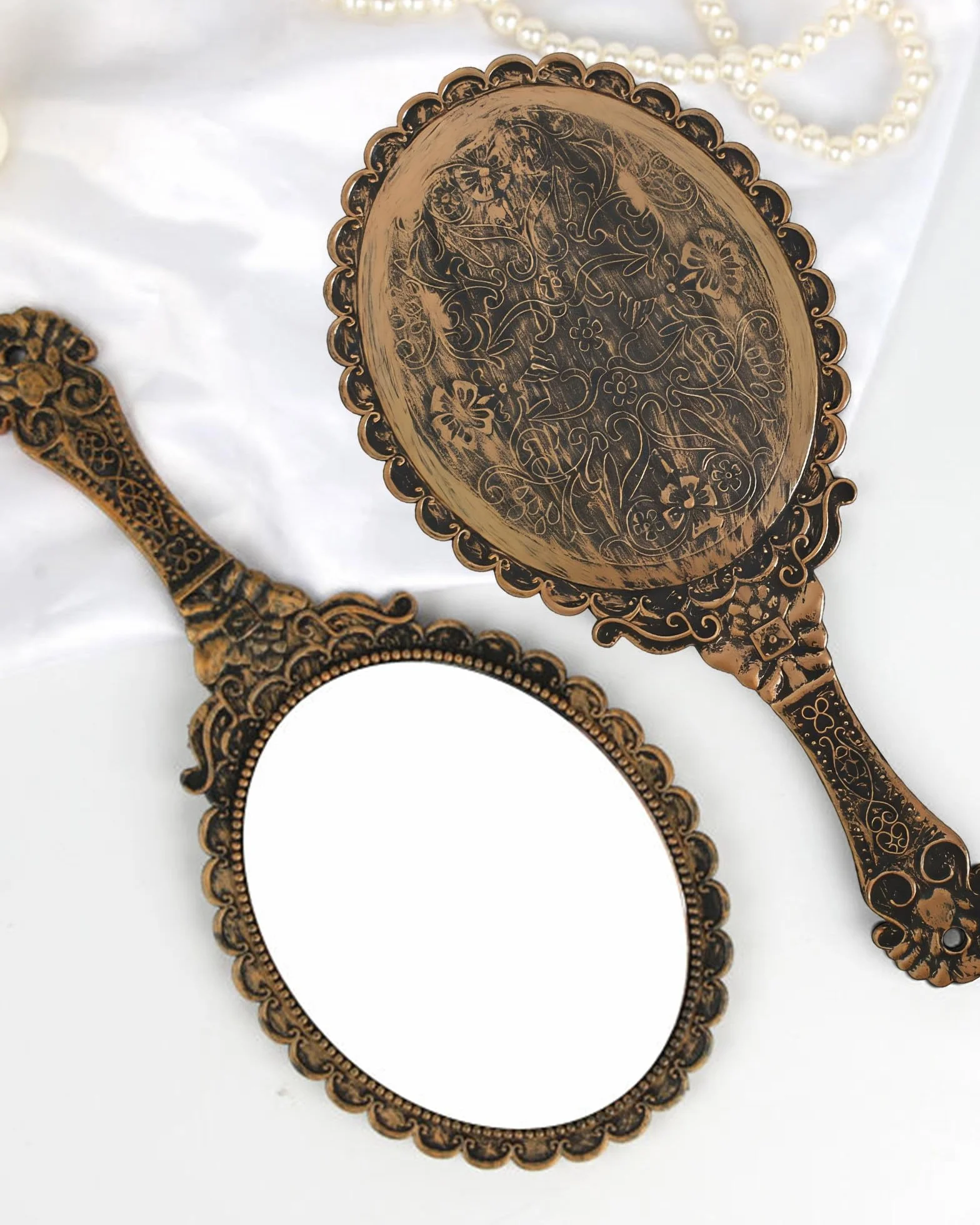 Specchio a Mano Vintage Bronzo, Mini Specchio Ellittico Compatto per Parrucchiere, Trucco, Casa, Viaggi