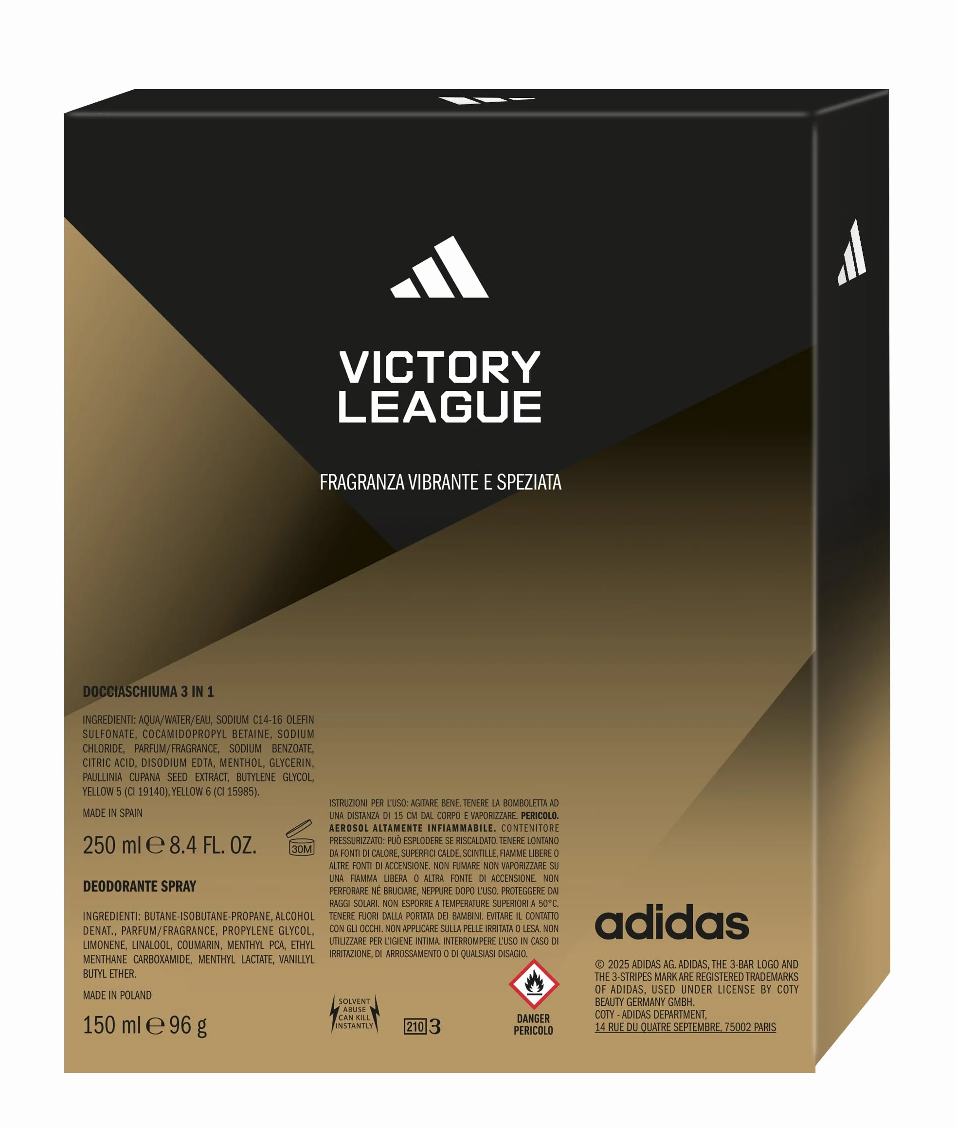 adidas Cofanetto Regalo Victory League Deodorante Spray Corpo 150ml Docciaschiuma 3 in 1 250ml