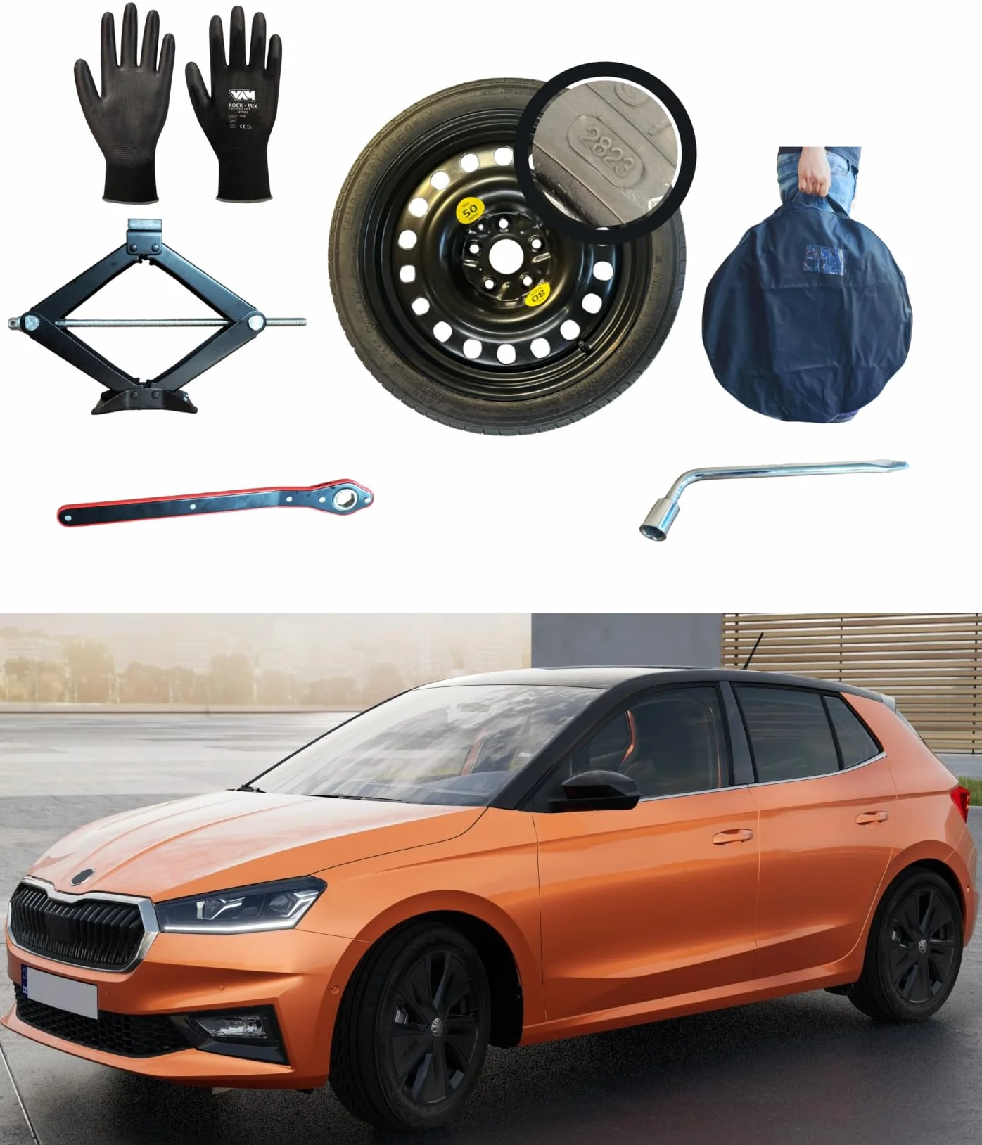 Kit Ruotino di Scorta 15" compatibile Skoda Fabia Cric Chiave Guanti Sacca