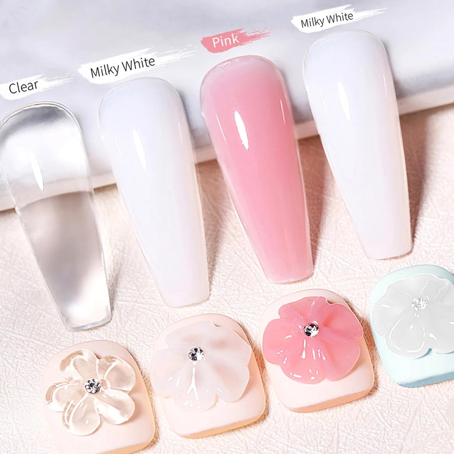 Gel costruttore Polygel for estensione unghie in gel - Rosa, bianco, trasparente con cartine rimovibili - Kit for nail art 3D for principianti