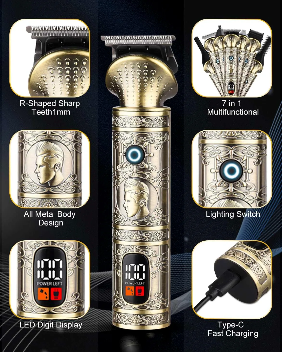Kit 7 in 1 per barba da uomo, stile retrò, rasoi elettrici, rasoio da uomo, ricaricabile, senza fili, professionale, con display a LED, idea regalo