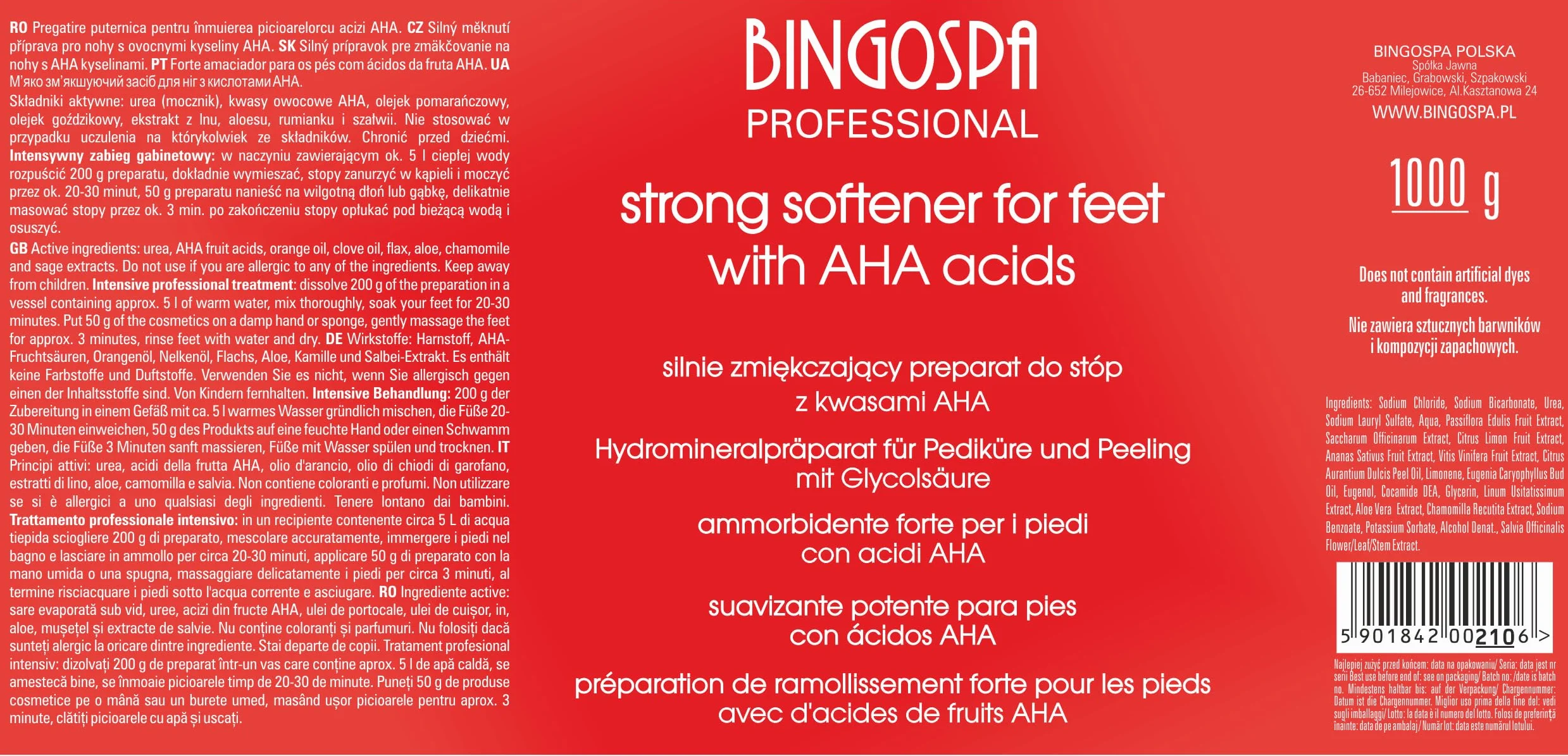 Preparazione del piede fortemente ammorbidente con acidi AHA - 1000 g BINGOSPA