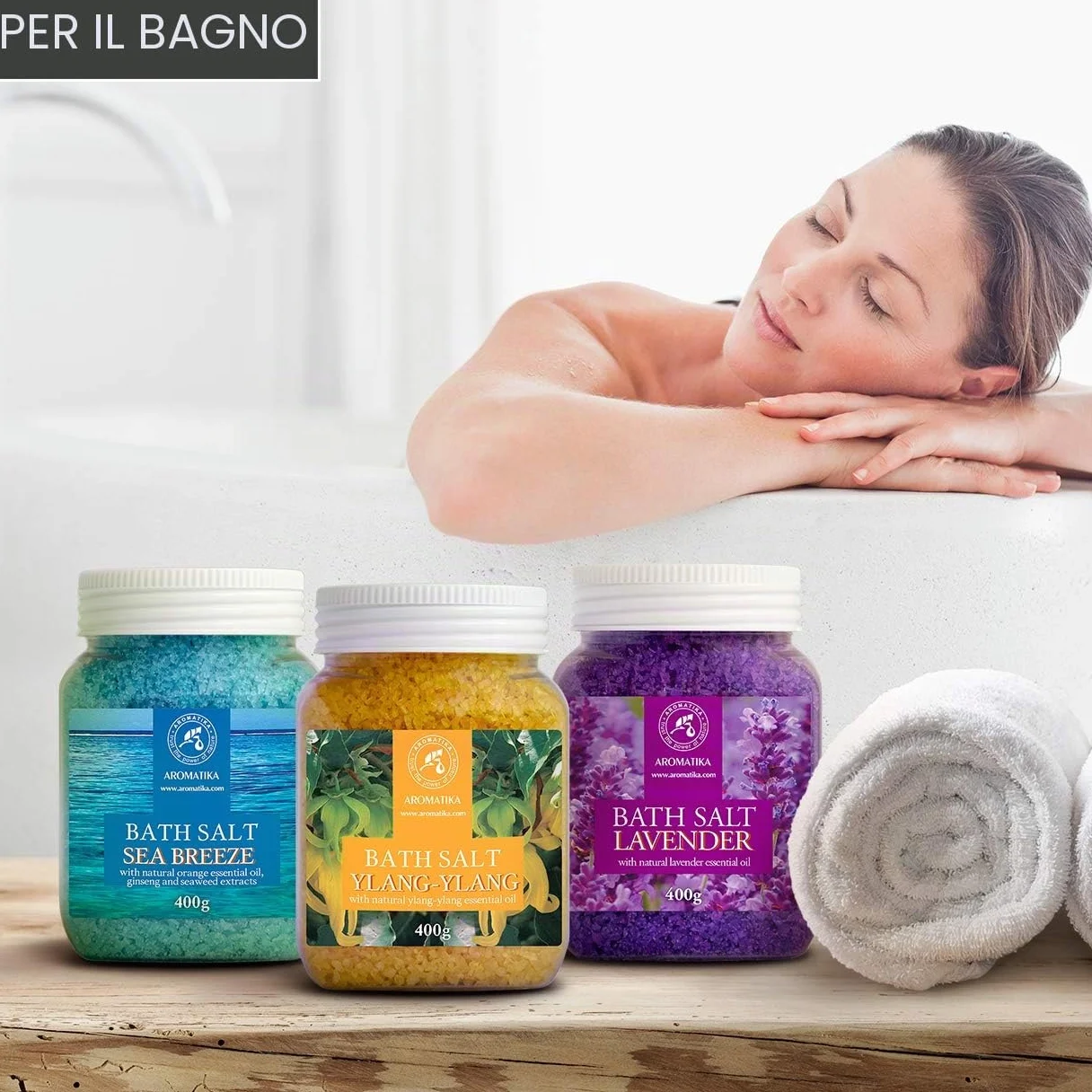 Set Sali da Bagno di Lavanda - Brezza Marina - Ylang-Ylang - Naturale al 100% - Ideale per Dormire Bene - Antistress - Cura del Corpo - Benessere - Bellezza - Rilassamento - Spa