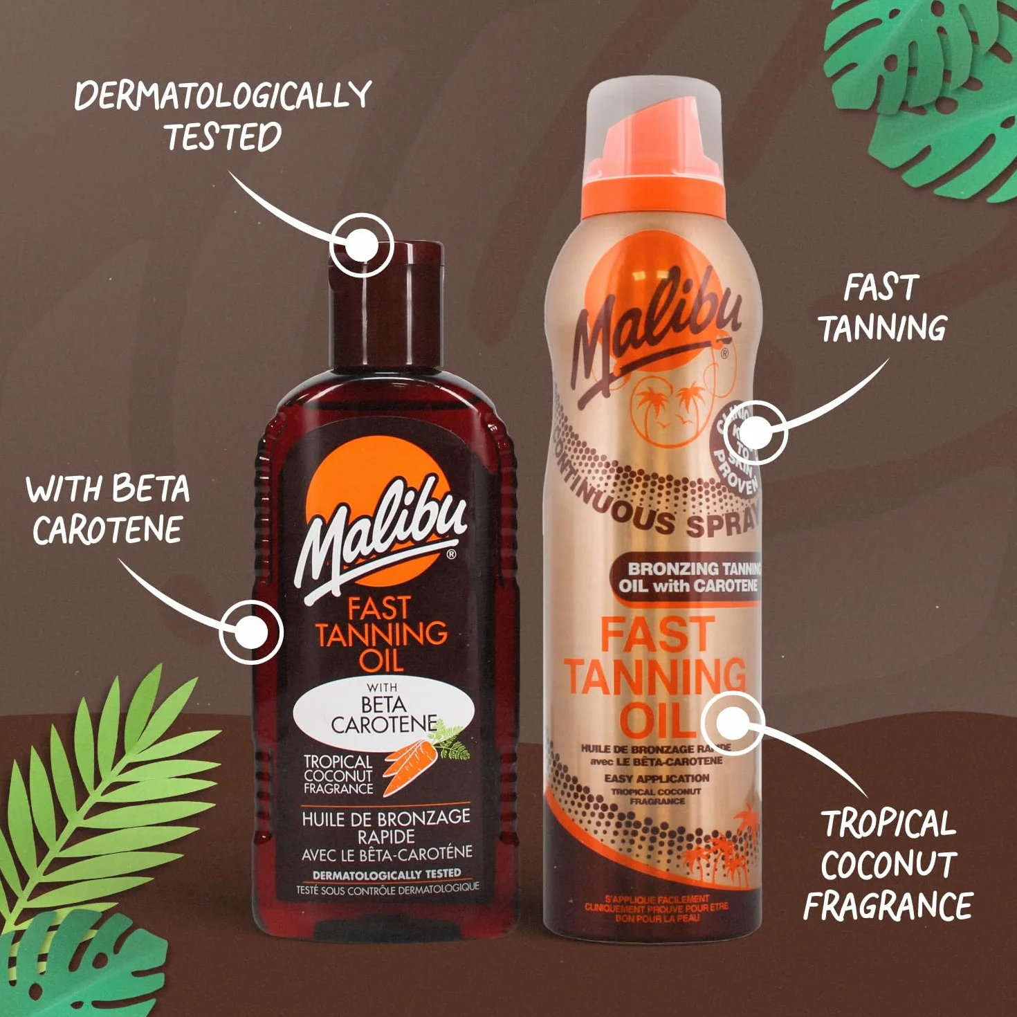 Malibu Sun Olio solare abbronzante veloce, resistente all'acqua con beta-carotene e fragranza tropicale di cocco, 100 ml, marrone