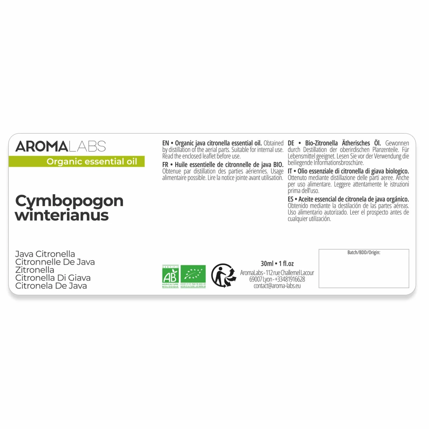 Olio Essenziale Citronella di Giava BIO Cymbopogon winterianus 30 mL Aroma Labs