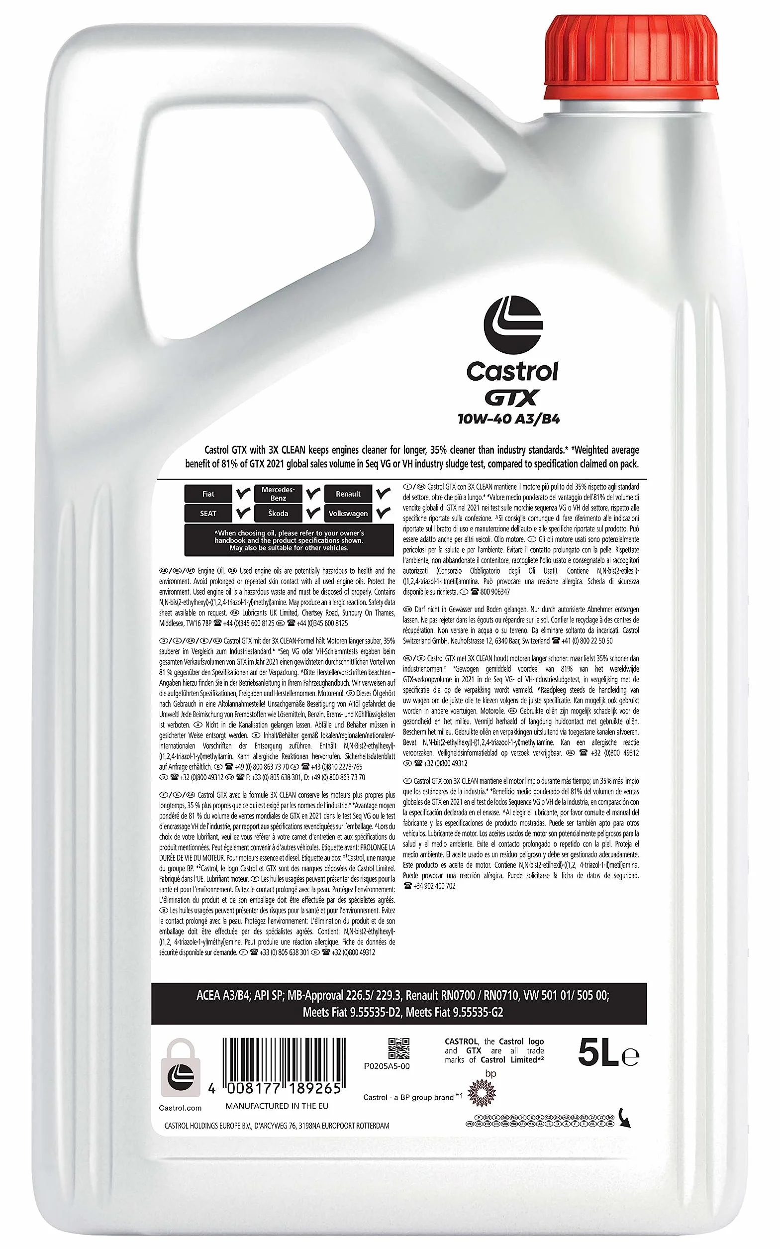 Castrol GTX 10W-40 A3/B4 Olio Motore 5L