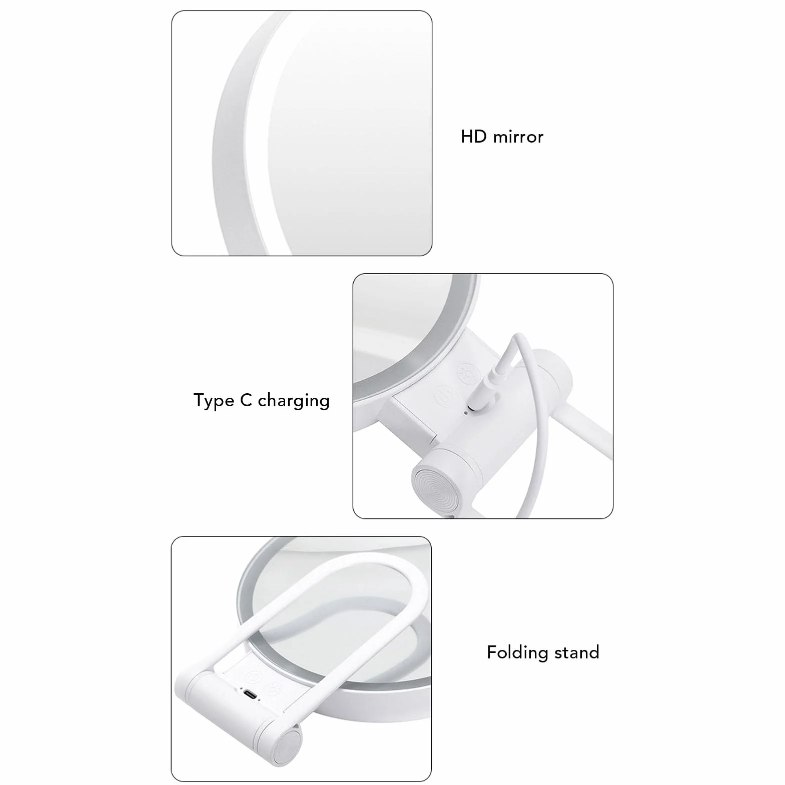 Fabater Specchio Ingranditore Bifacciale 1X 5X con Luce LED Tavolo Specchio Cosmetico Maniglia Pieghevole Viaggio Portatile Bianco, Touch Control Illuminazione a Tre Colori USB