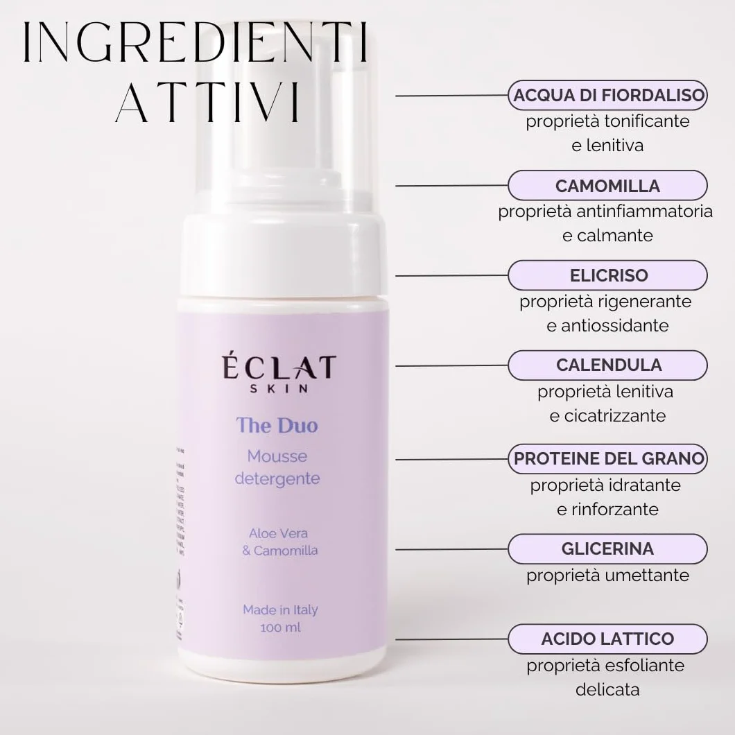 Mousse Detergente, Pulizia del Viso Delicata ed Efficace, Doppia Detersione, Struccante, Anti impurità e punti neri, 100ML