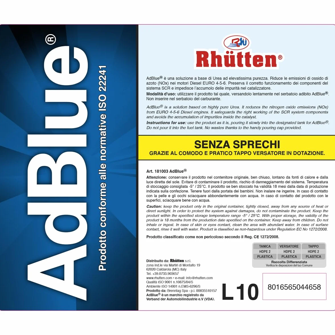 Basf AdBlue Additivo di Sintesi Urea Purissima ISO 22241 10L per Motori Diesel Euro 6