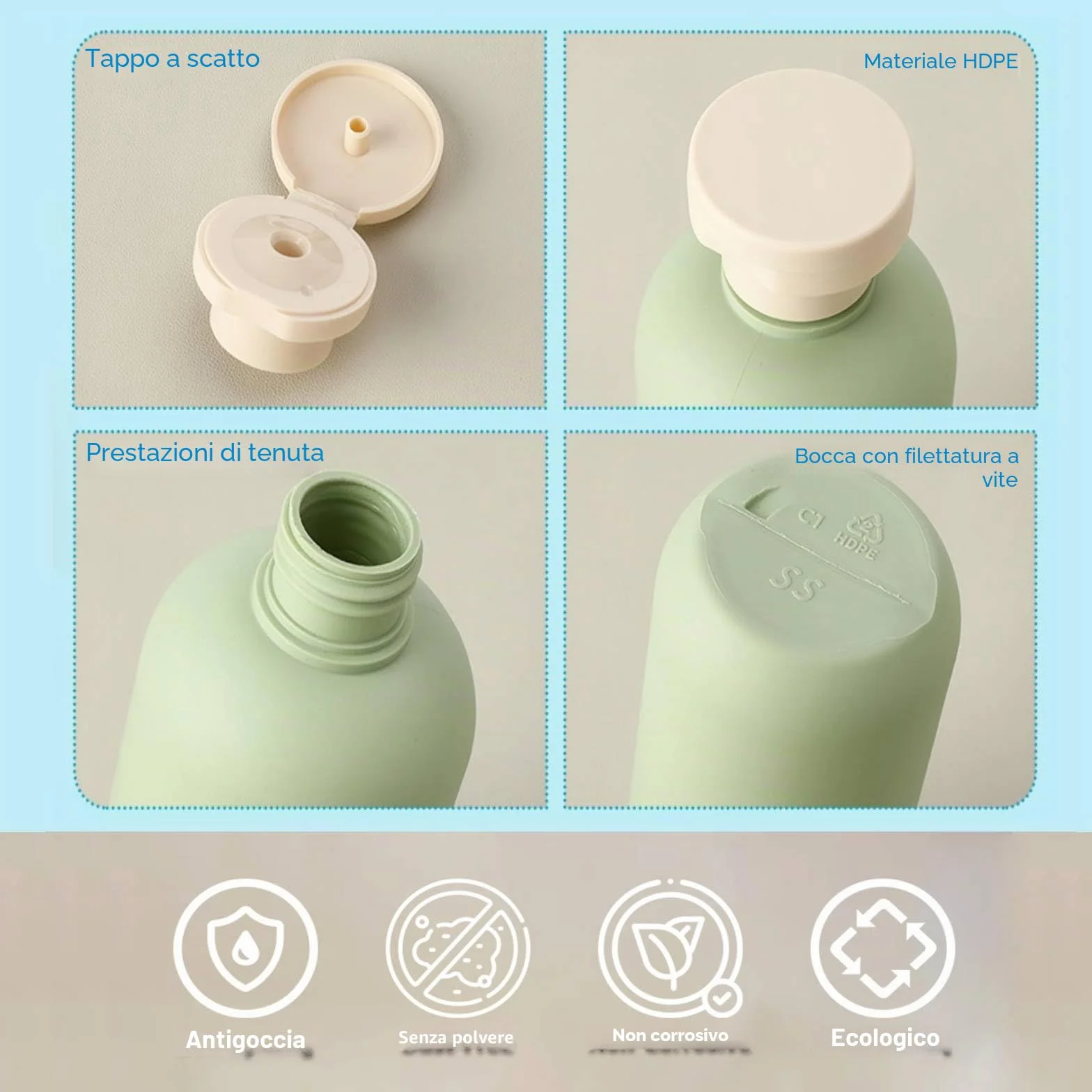 Bottiglie da Viaggio per Shampoo 200ml 2 pezzi con erogatore a pompa e tappo flip, Flaconi da Viaggio Ricaricabili per Articoli da Toeletta, antiperdita per shampoo, bagnoschiuma e cosmetici