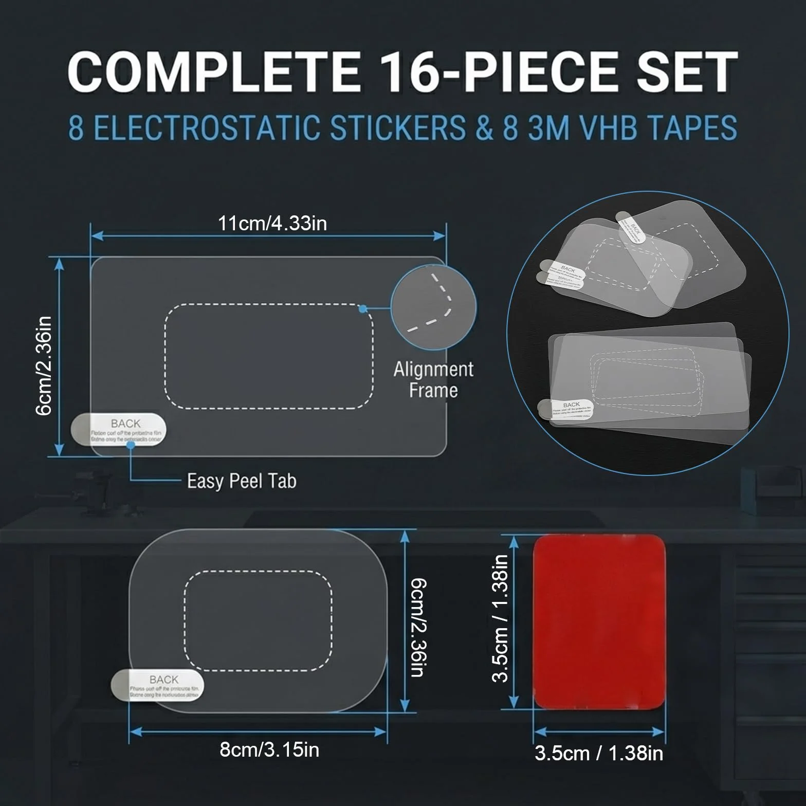 Set 16 Pezzi Adesivi Dash Cam: Pellicole Elettrostatiche e Biadesivi per Parabrezza Auto, Kit di Montaggio Trasparente Resistente al Calore