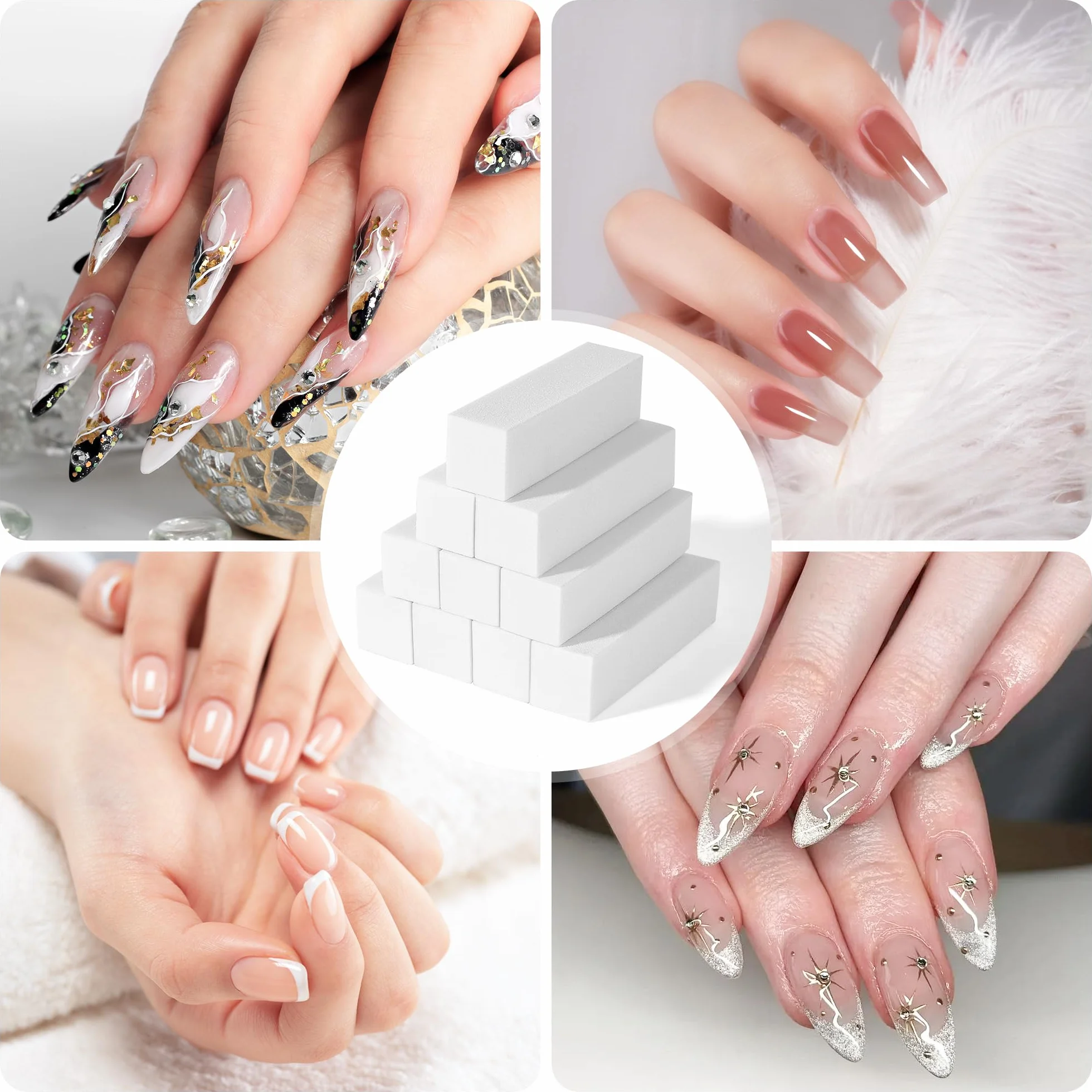 Set di 10 lime per unghie, lime per nail art, lime professionale per levigare unghie acriliche o in gel naturale, 4 lati lavabili per manicure - Bianco