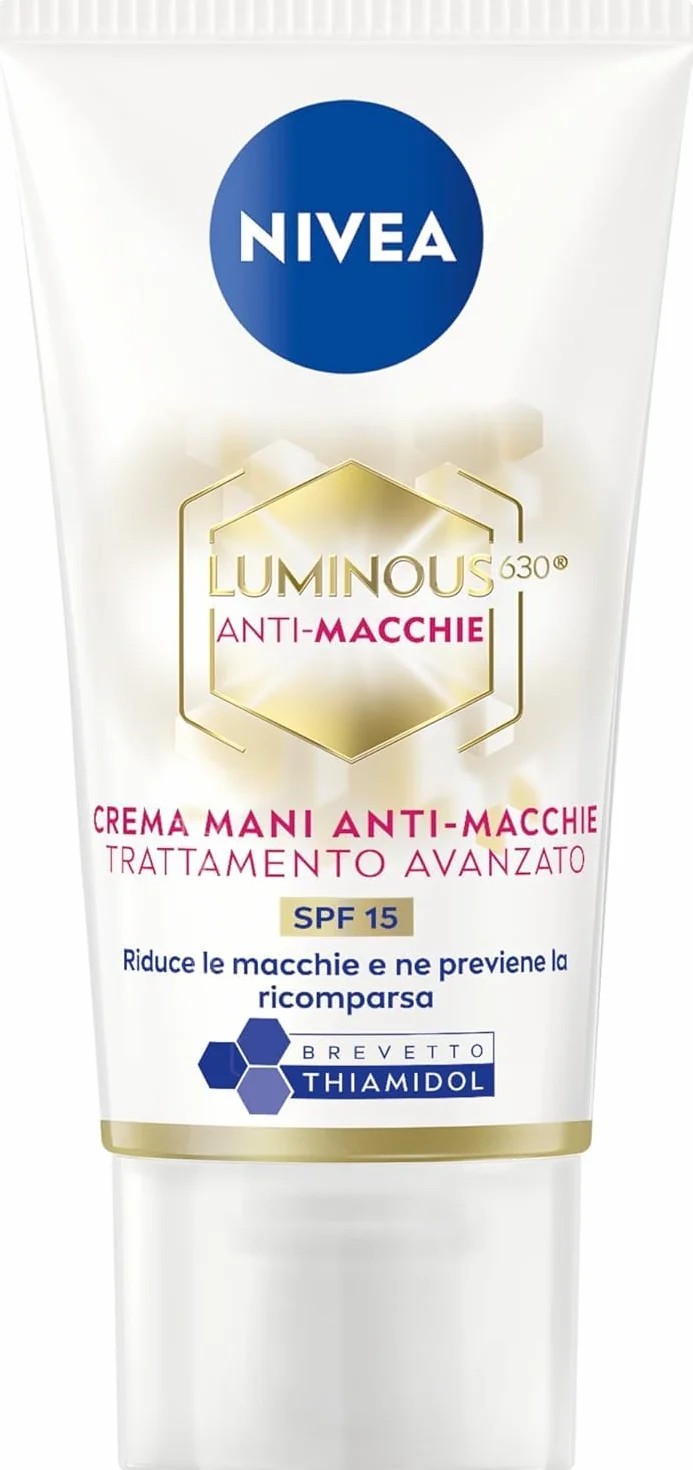NIVEA Luminous630 Anti-Macchie Crema Mani Trattamento Avanzato SPF 15, 50 ml, Crema mani antiage e antimacchie, con Acido Ialuronico e Thiamidol brevettato, per mani secche e screpolate