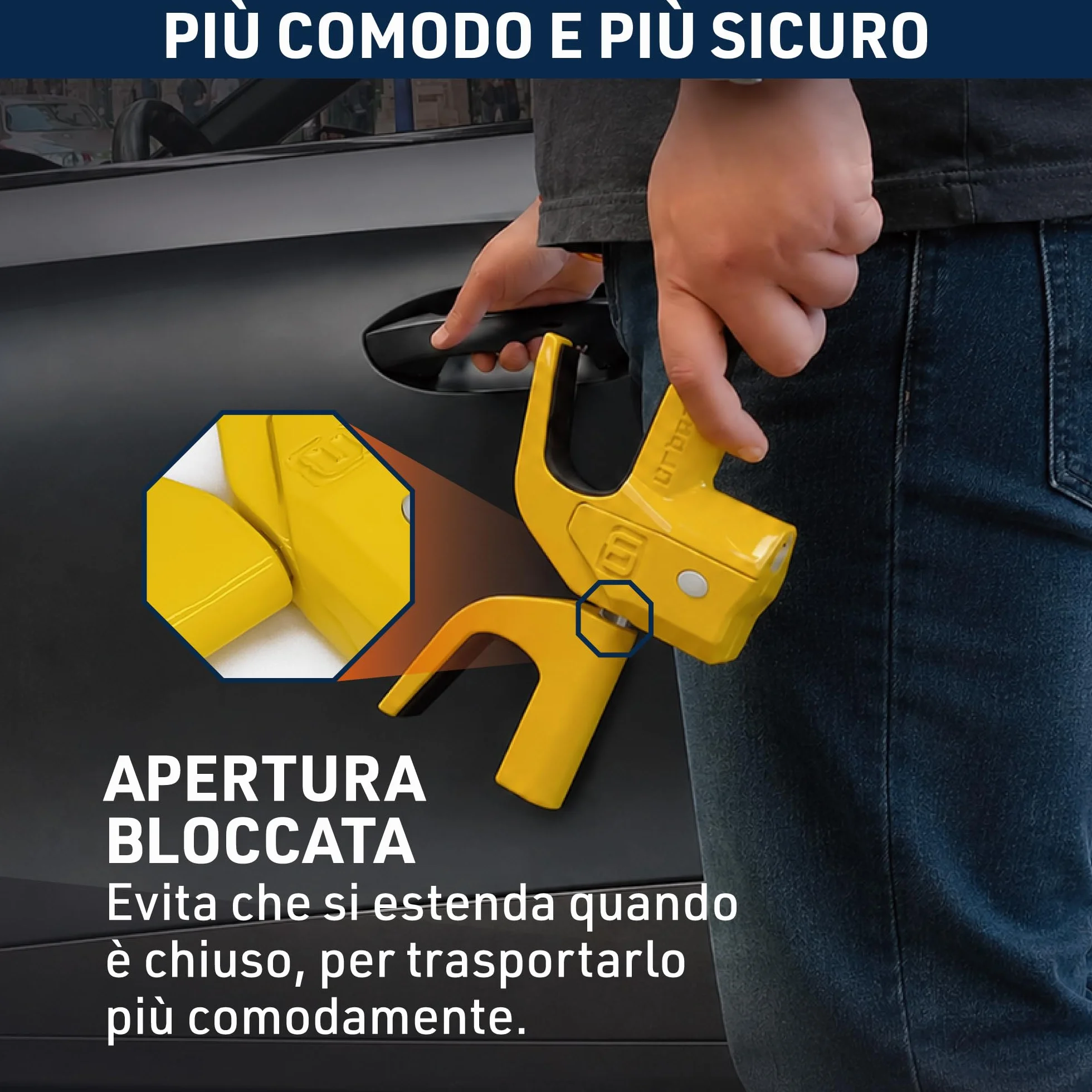 URBAN UR978Y Antifurto Auto Doppia Sicurezza Blocca Sterzo 120dB LED Bloccaggio Automatico Blocco Volante Meccanico Universale