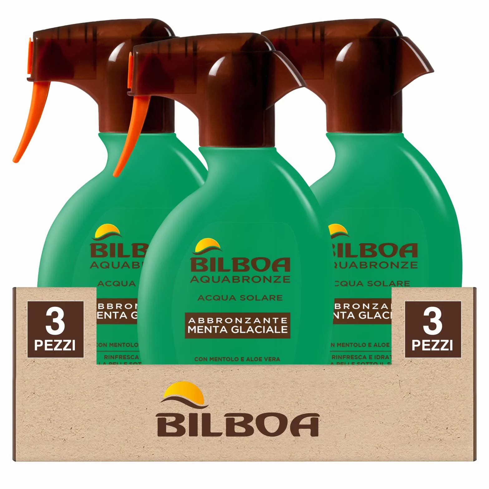 3x Bilboa Spray Acqua Solare Abbronzante Menta Glaciale con Mentolo e Aloe Vera - 3 Flaconi da 150ml