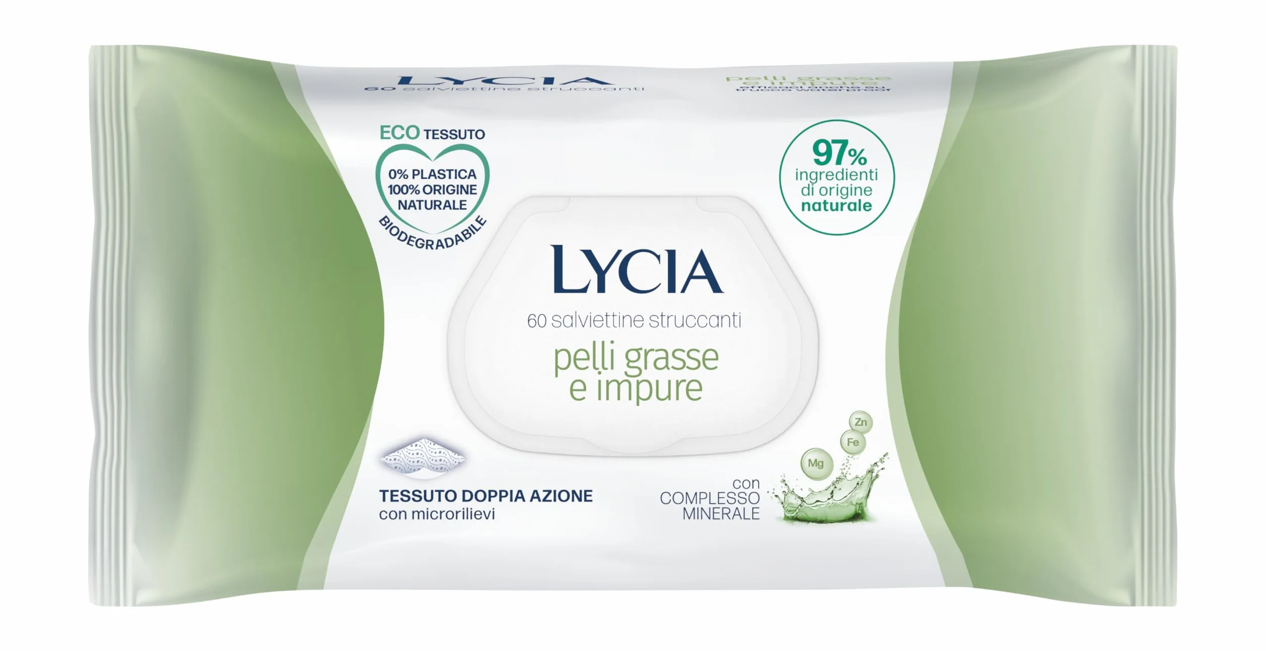 Lycia Salviette Struccanti Pelle Grassa Impura Eco Tessuto Doppia Azione Biodegradabile 60 Pezzi