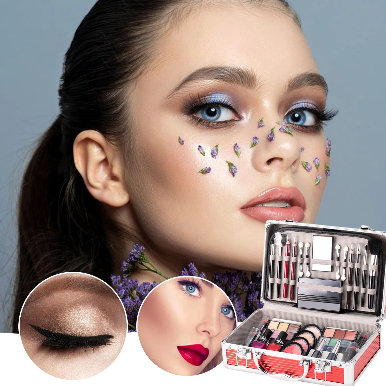 Kit per il trucco completo del viso, set per il trucco per principianti | Kit per principianti con custodia, Ombretto, fard, per sopracciglia, rossetto, smalto, pennello per sopracciglia per
