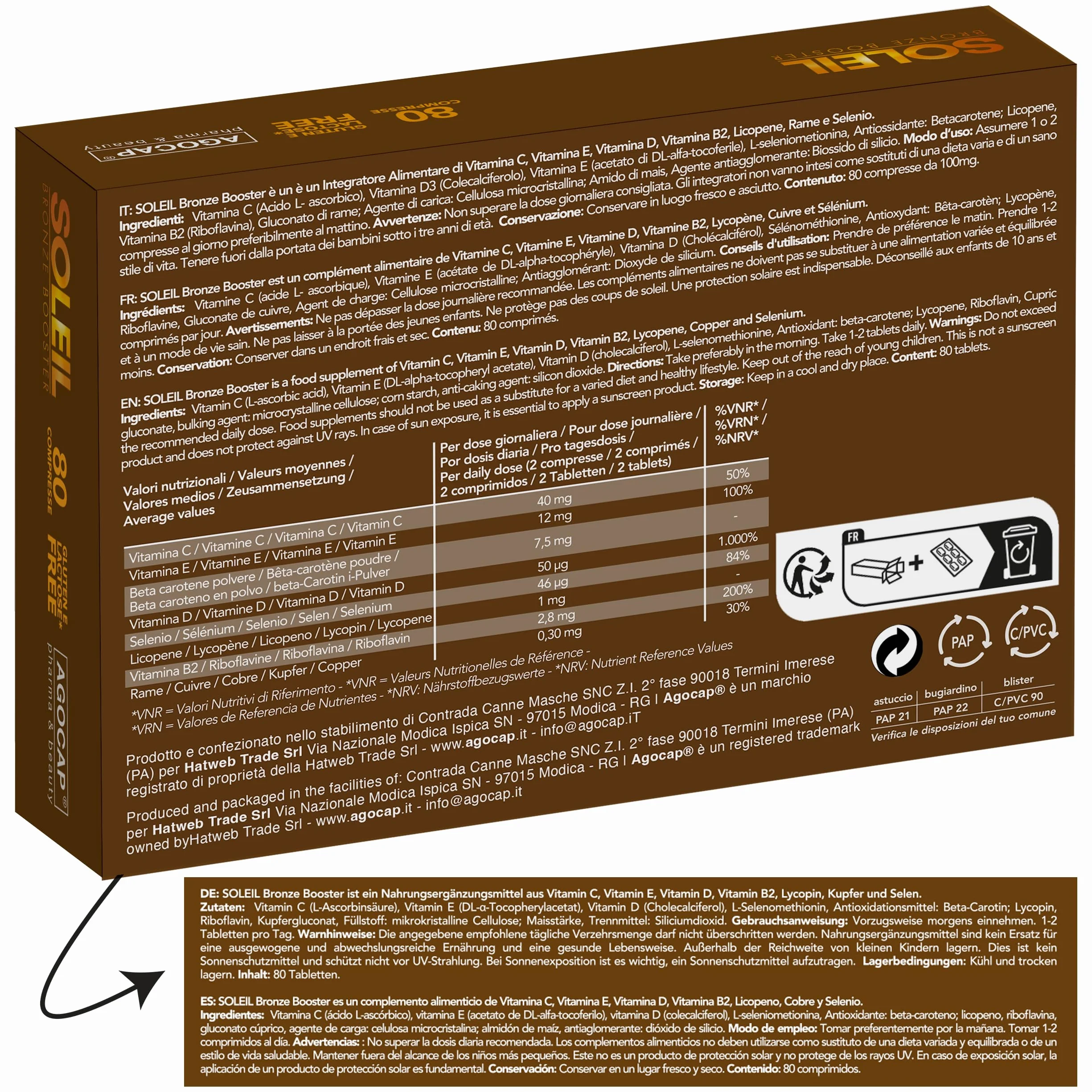 SOLEIL Acceleratore Abbronzatura Forte, 80 Compresse con Betacarotene, Rame, Selenio, Licopene, Vitamine C, D, E, B - Autoabbronzante Corpo